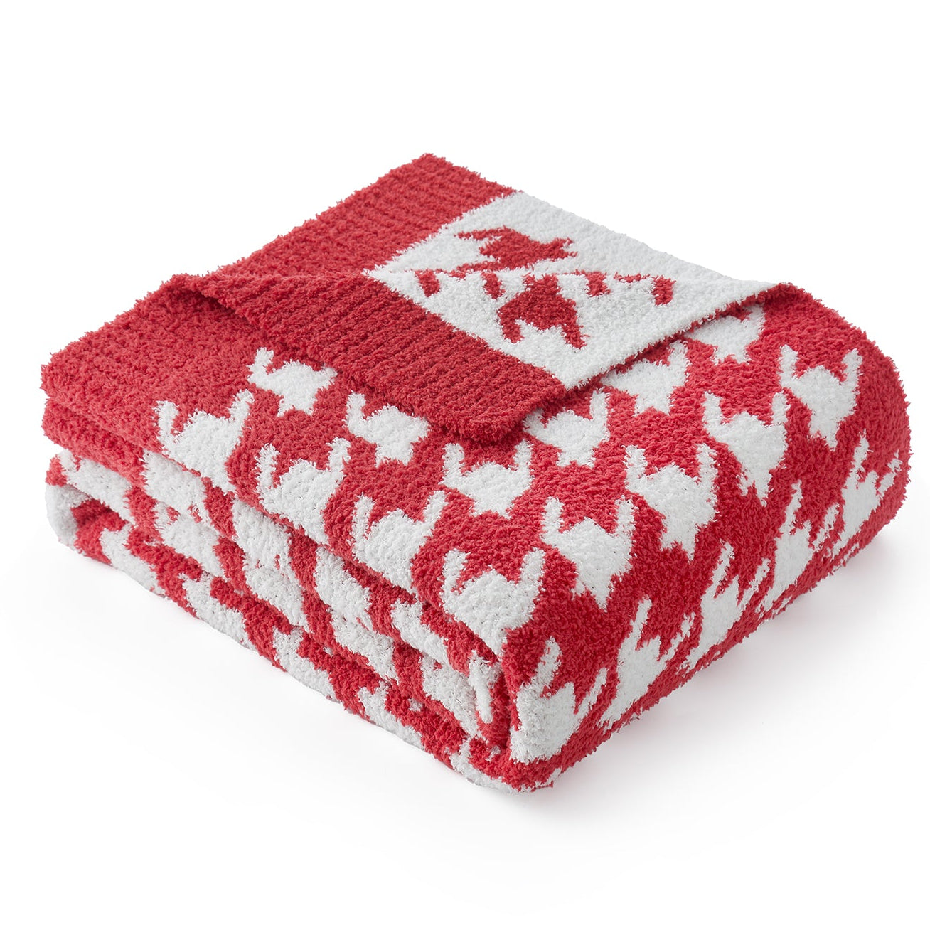 Folded Snuggle Sacs Reversible Houndstooth Feather Yarn Knit Throw Blanket#Color_Red/Cream