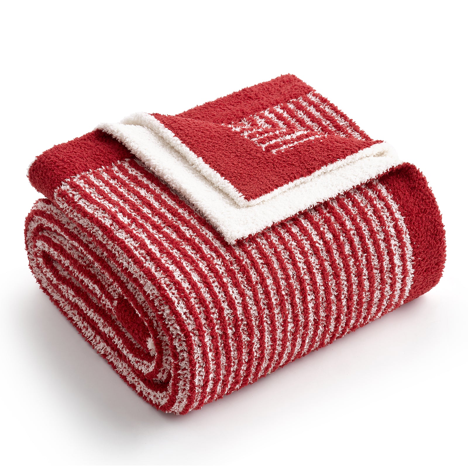 Folded red and white blanket with a logo on a white background #color_Red/Cream