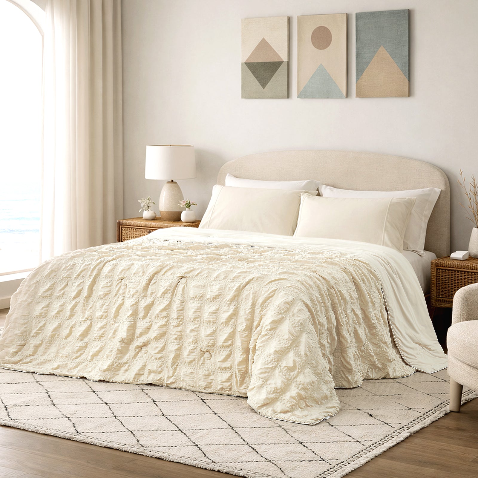 Snuggle Sac Cooling comforter in khaki on bed in a bedroom with windows,plant and a view behind
#color_Khaki