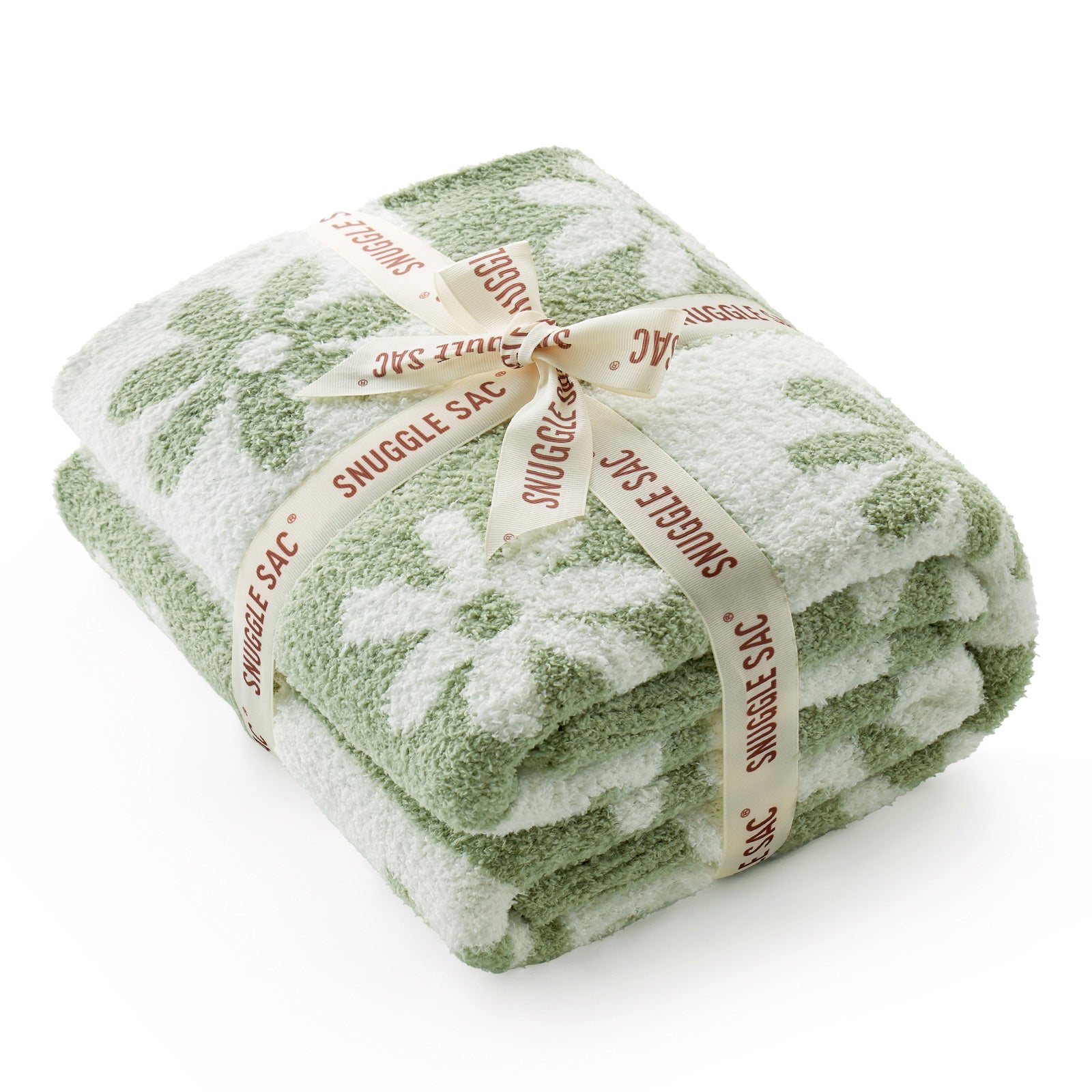 Green and white patterned blanket wrapped with a ribbon on a white background #color_Sage Green