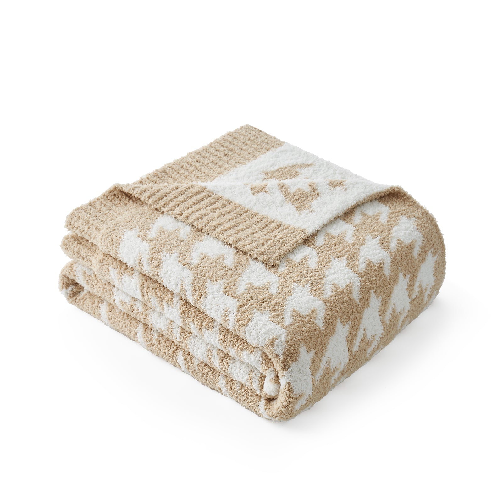 Folded Snuggle Sacs Reversible Houndstooth Feather Yarn Knit Throw Blanket#Color_Beige