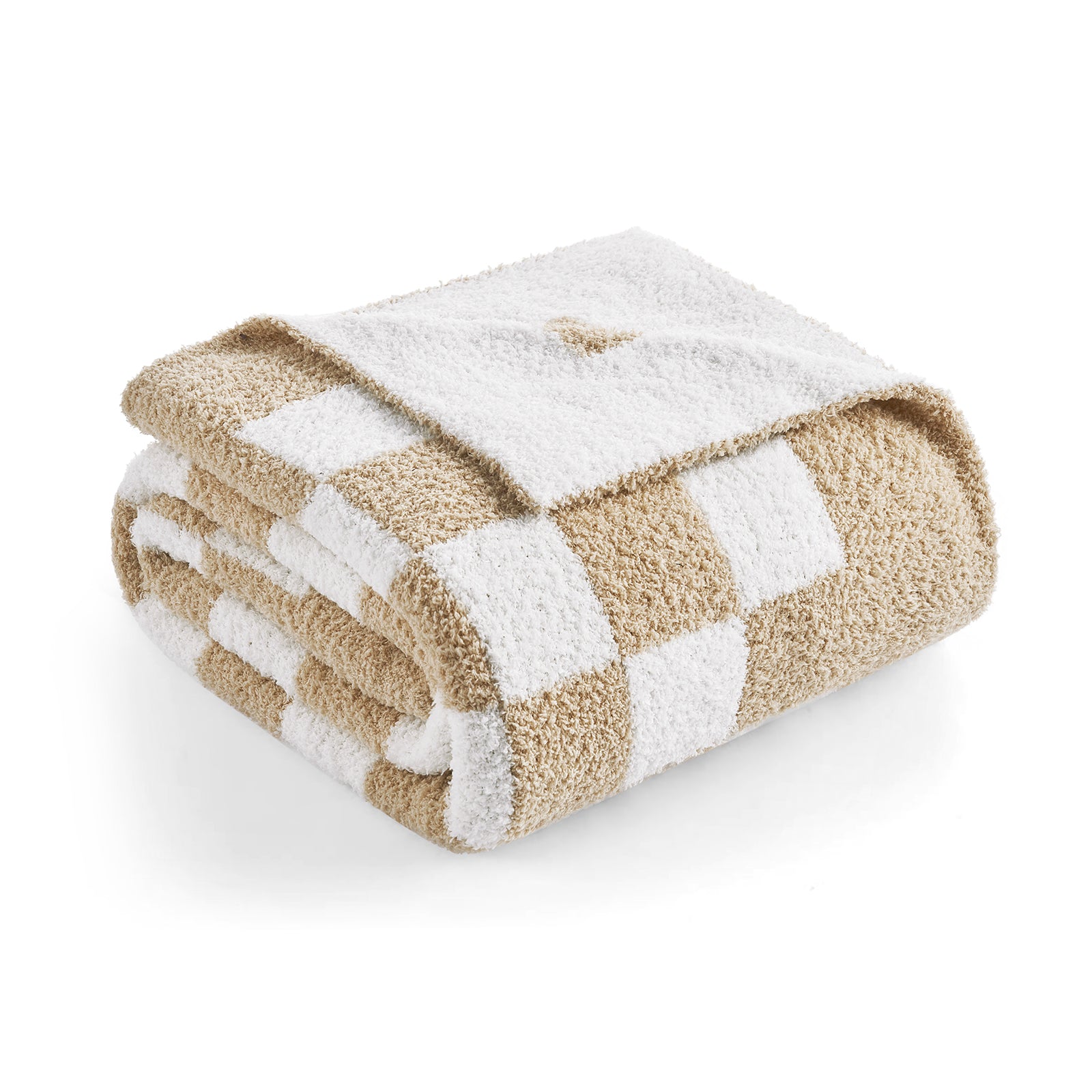 Folded checkered blanket with beige and white pattern on a white background #color_Checkered Beige