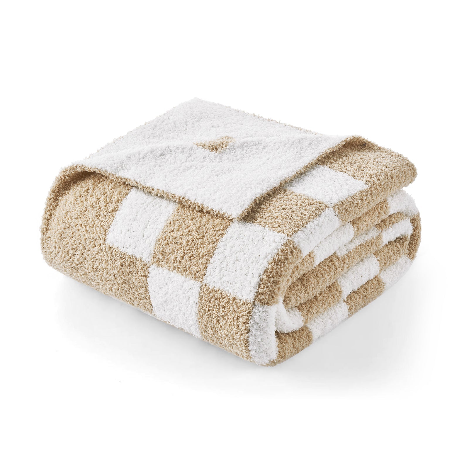 Folded checkered blanket with beige and white pattern on a white background #color_Checkered Beige