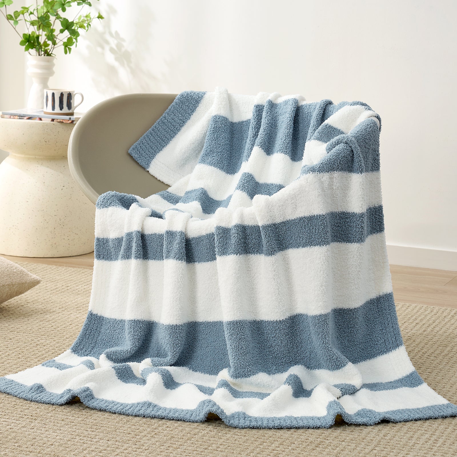 SnugCozy Reversible Blue Striped Feather Yarn Knit Throw Blanket