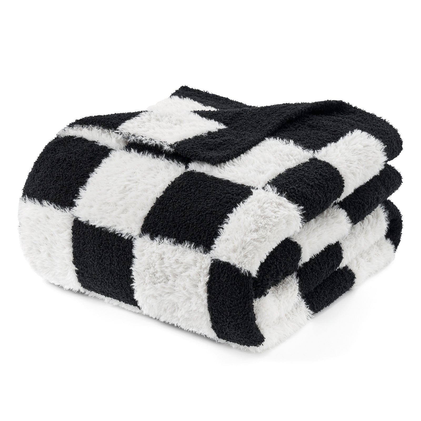 Checkered Faux Fur Microfiber Blanket - #Color_Black White