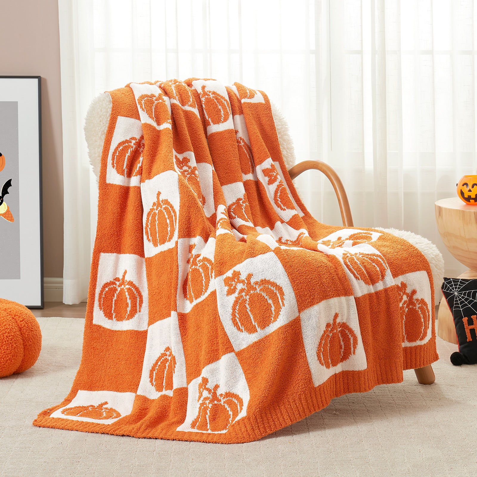 Halloween Checkered Orange Pumpkin Blanket