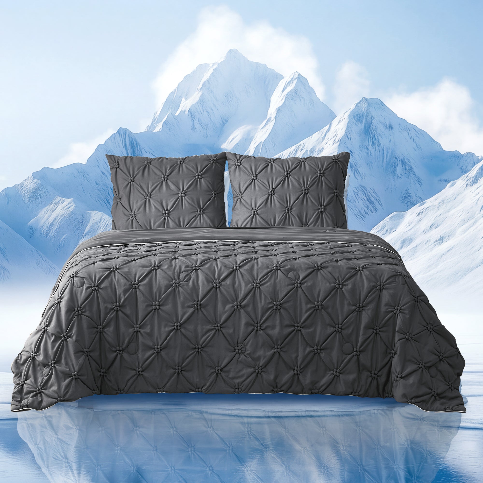 Snuggle Sac Cooling comforter in charcoal grey on bed in a bedroom with mountains in snow as a view behind#color_Charcoal Grey