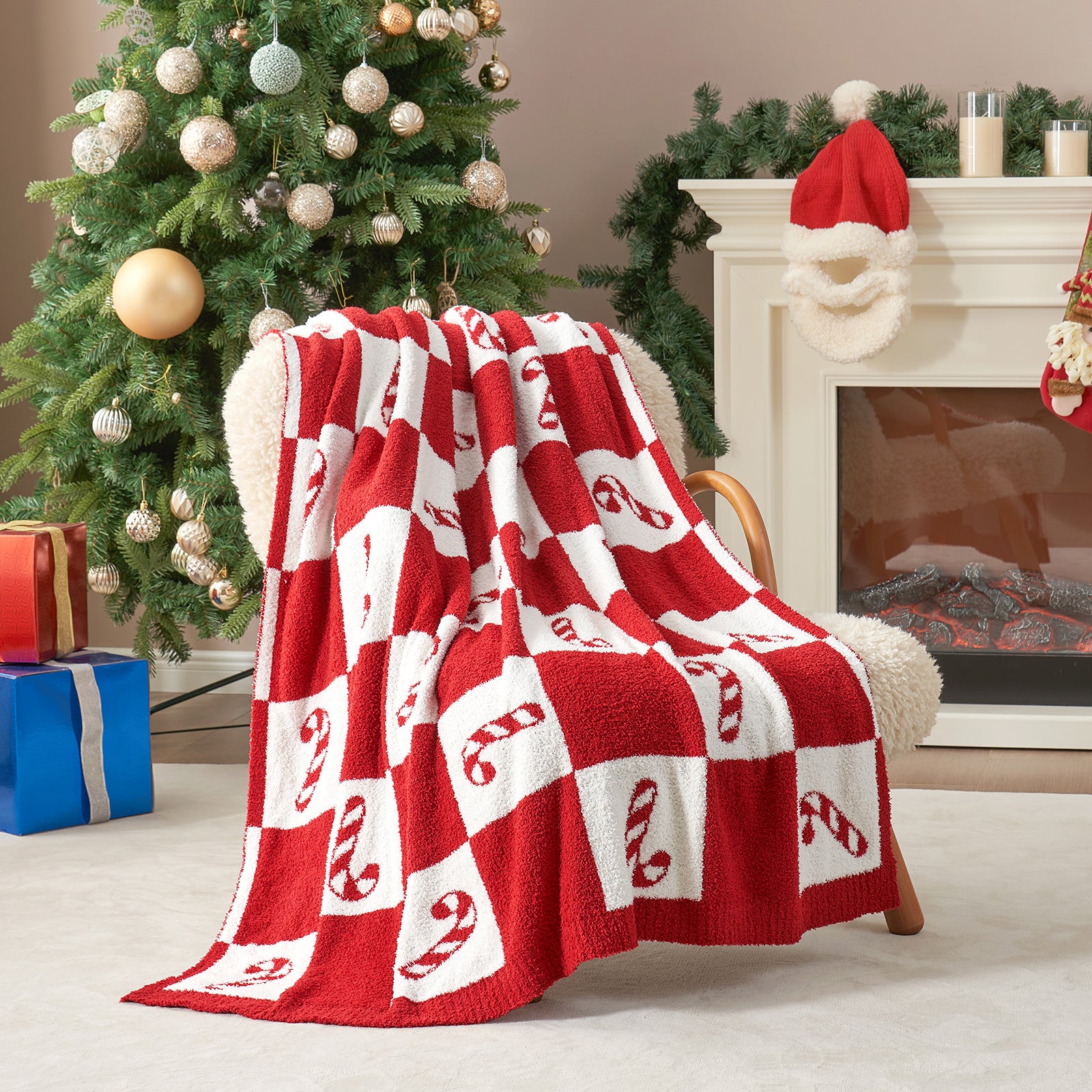 Christmas Red Candy Cane Throw Blanket