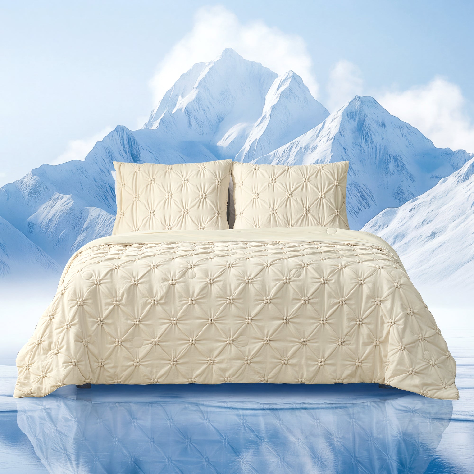 Snuggle Sac Cooling comforter in beige on bed in a bedroom with mountains in snow as a view behind#color_Beige