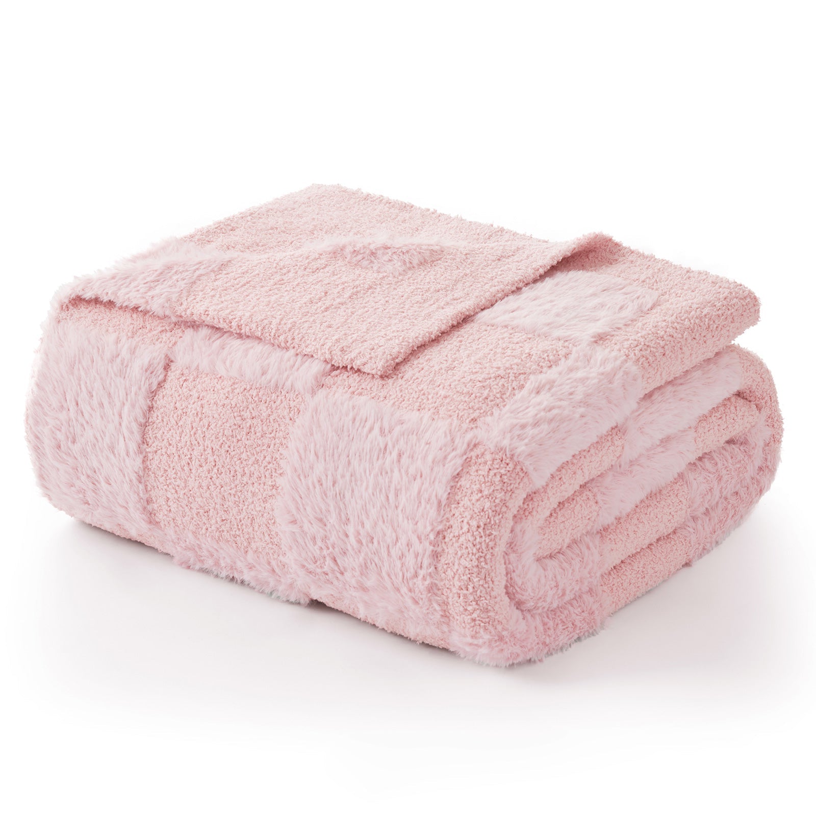 Checkered Faux Fur Microfiber Blanket - #Color_Solid Pink