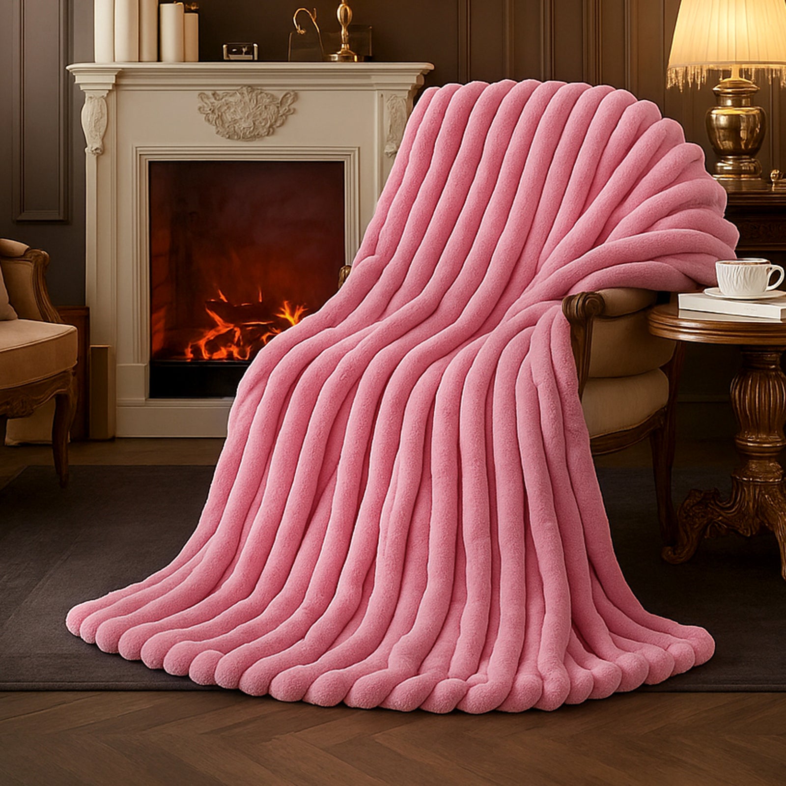 Snuggle Sac striped faux fur throw blanket in Pink draped over a chair near a fireplace, creating a warm and inviting atmosphere #color_Pink