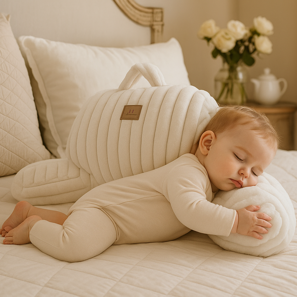 A baby laying on the bed supported by Striped Faux Fur Backrest Reading Pillow sleeping#color_Ivory