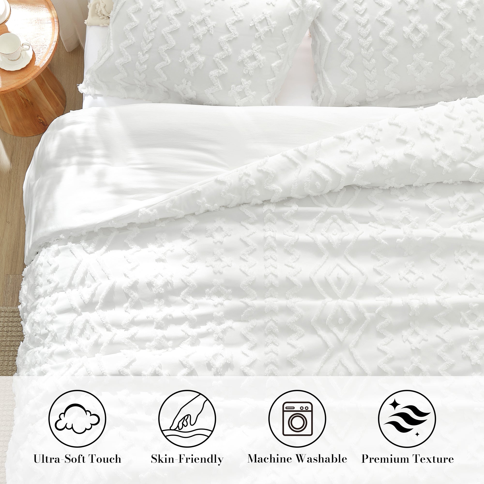 Snuggle Sac All-Season Boho Deluxe Embroidery Comforter Set on bed in a bedroom showing Ultra-Soft touch, skin-friendly, Machine washable and premium texture#color_Off White