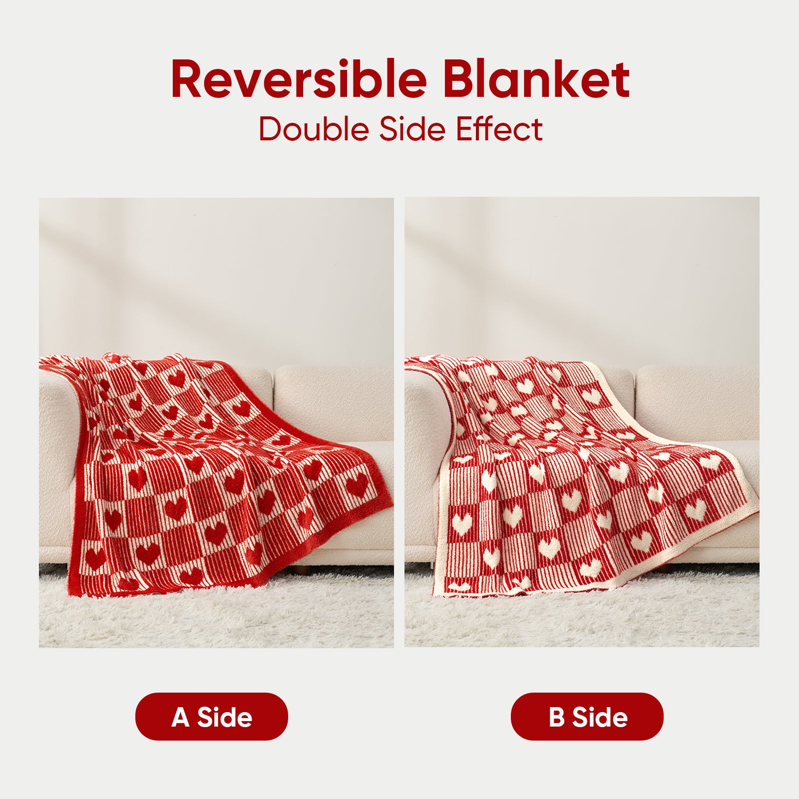 Snuggle Sacs Reversible Heart Feather Yarn Knit Throw Blanket showing its double side effect#color_Red/Cream