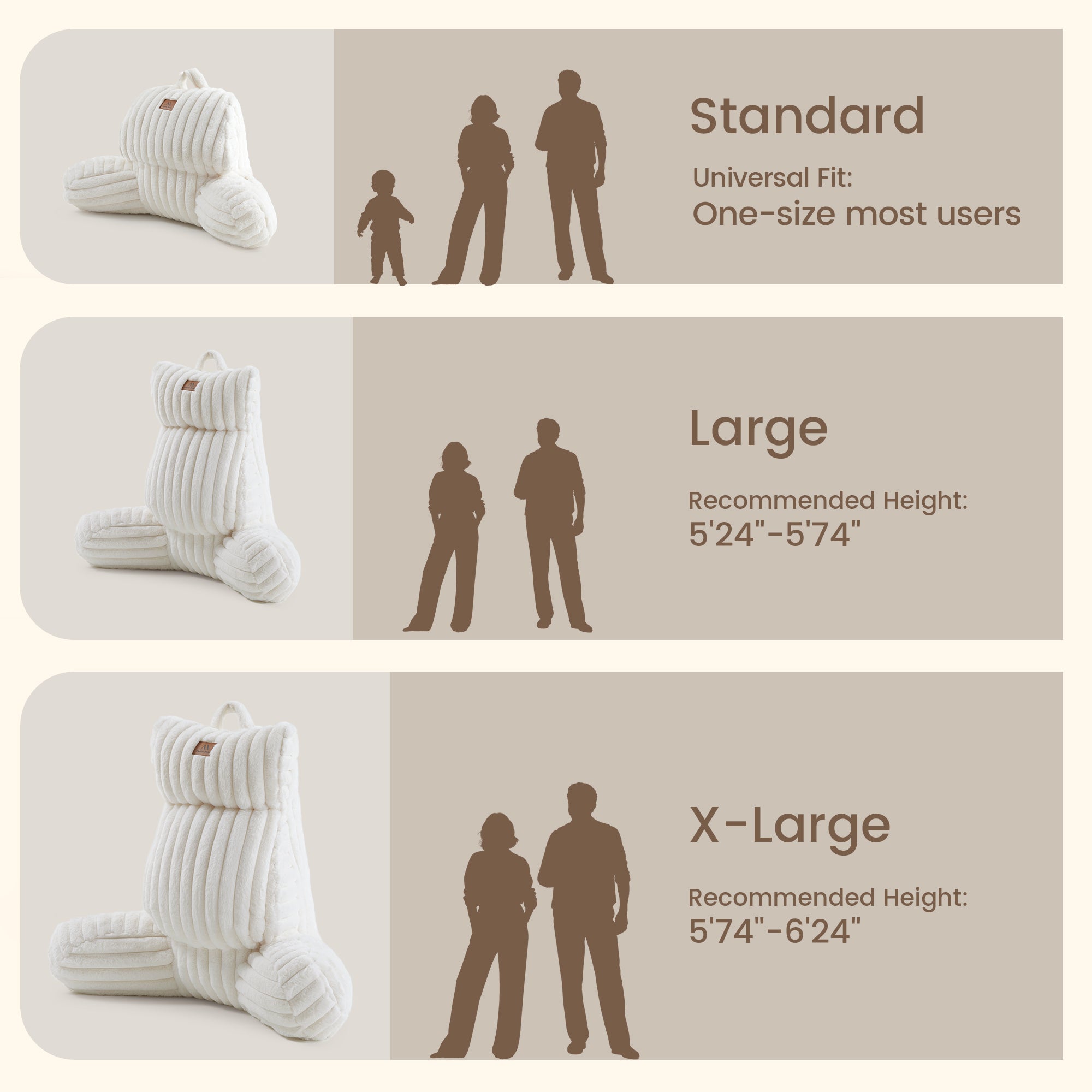 A size chart with people standing showing the 'standard', 'large', 'X-large' sizes differences#color_Ivory