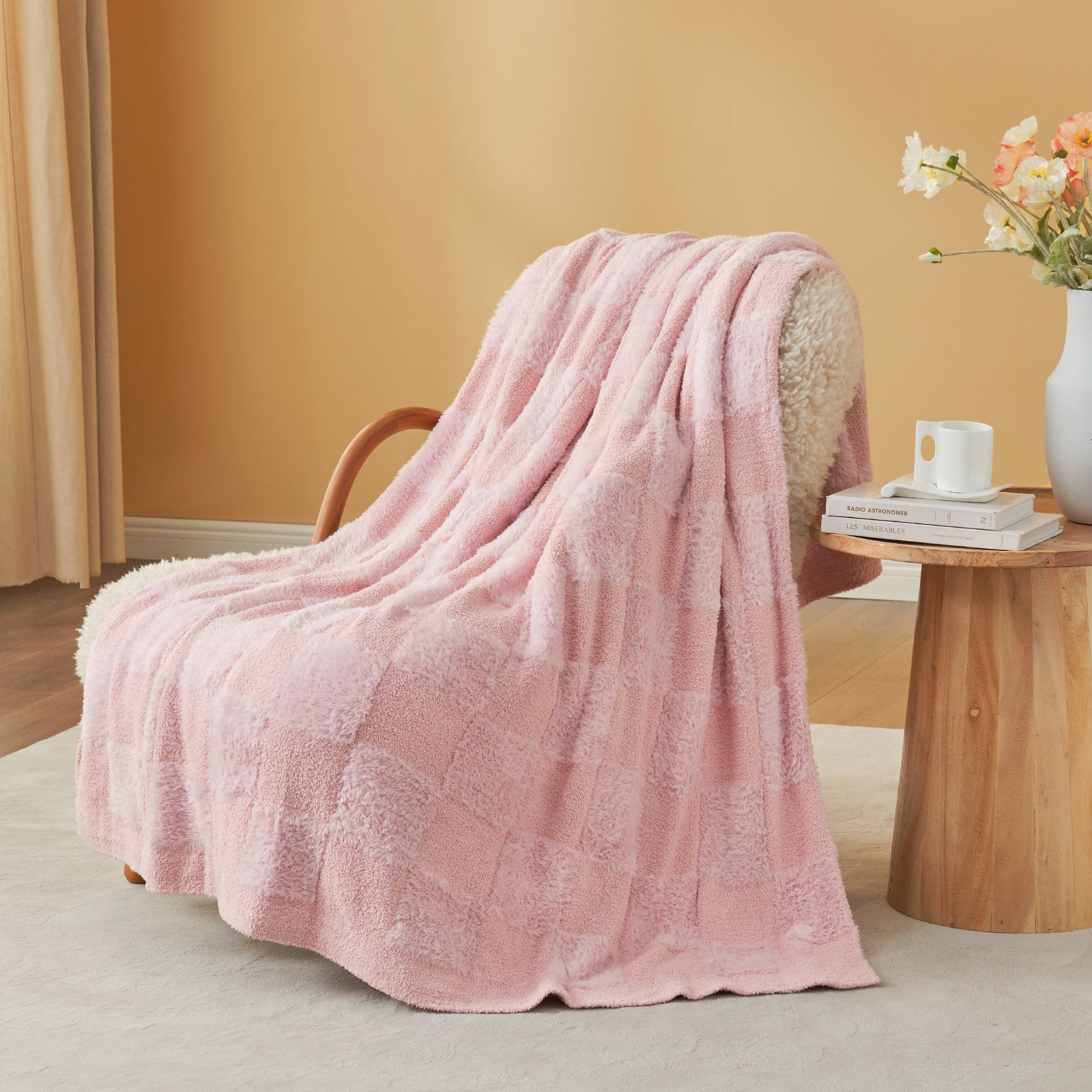 Checkered Faux Fur Microfiber Blanket - #Color_Solid Pink