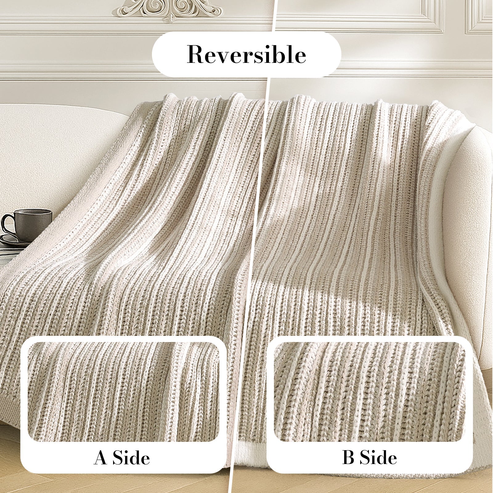 Reversible knitted blanket on a sofa with two inset images showing different patterns. #color_Khaki&White