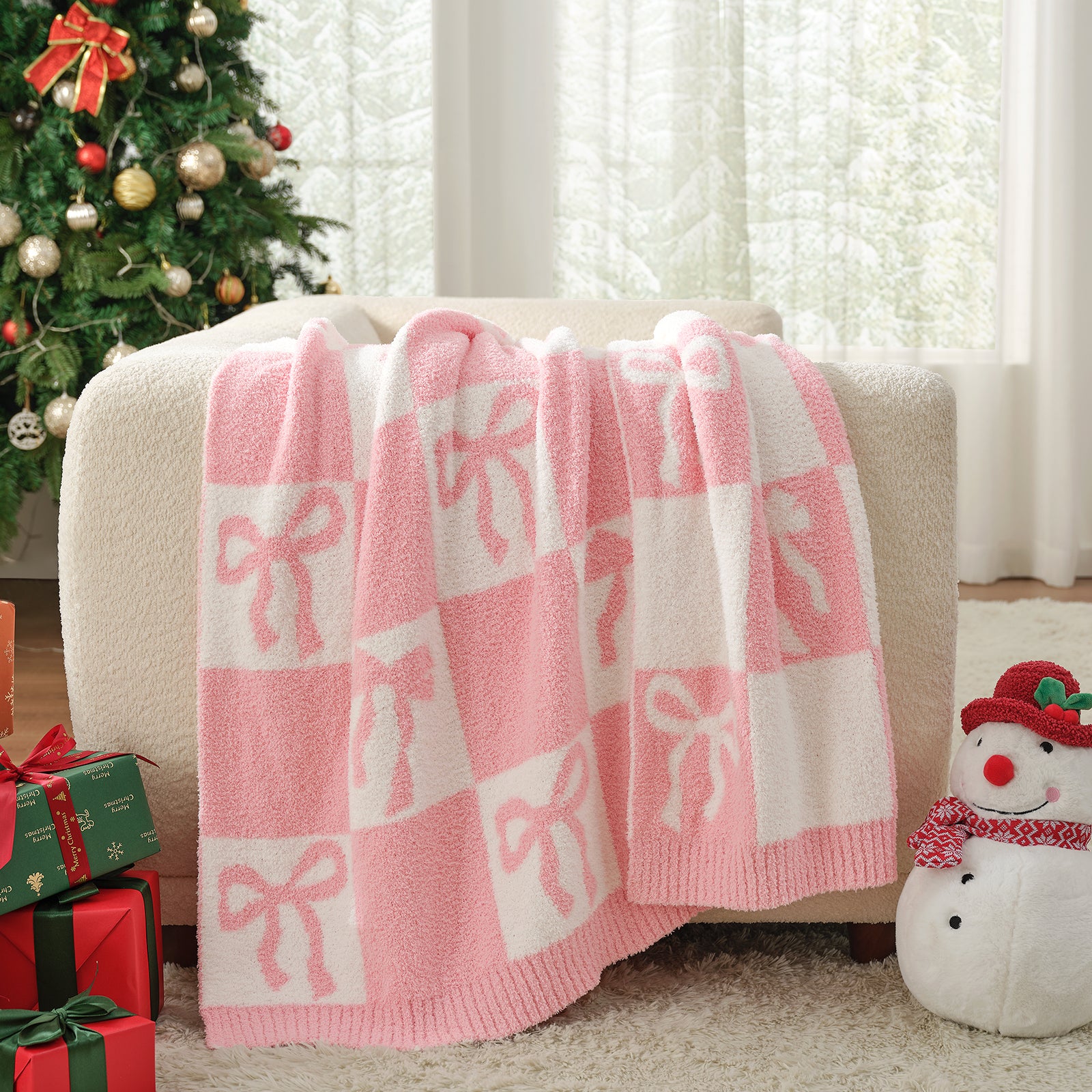 SnugCozy Reversible Checkered Bow Feather Yarn Knit Throw Blanket