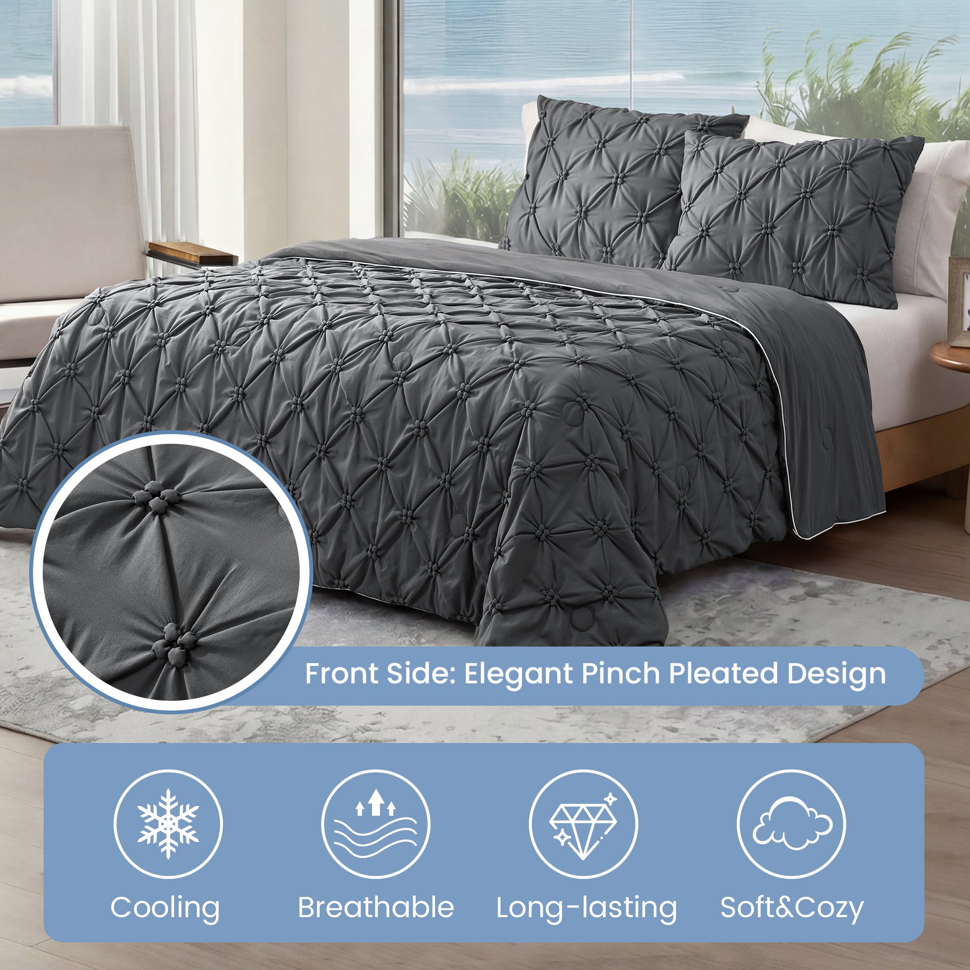 Snuggle Sac Cooling comforter in charcoal grey on bed in a bedroom with plants and window with views#color_Charcoal Grey