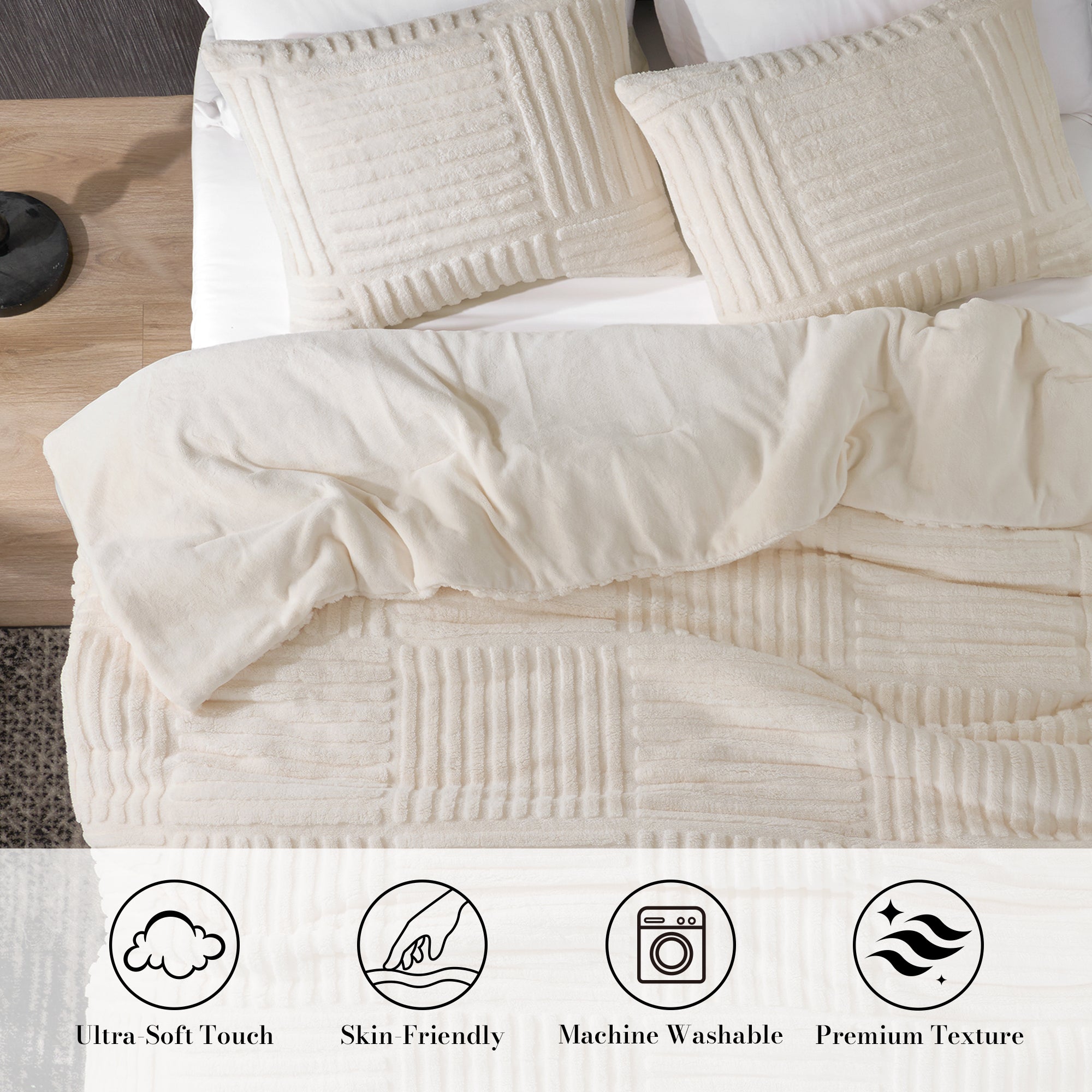 Snuggle Sac Winter Stripe Jacquard comforter in beige on bed in a bedroom showing Ultra-Soft touch, skin-friendly, Machine washable and premium texture#color_Beige