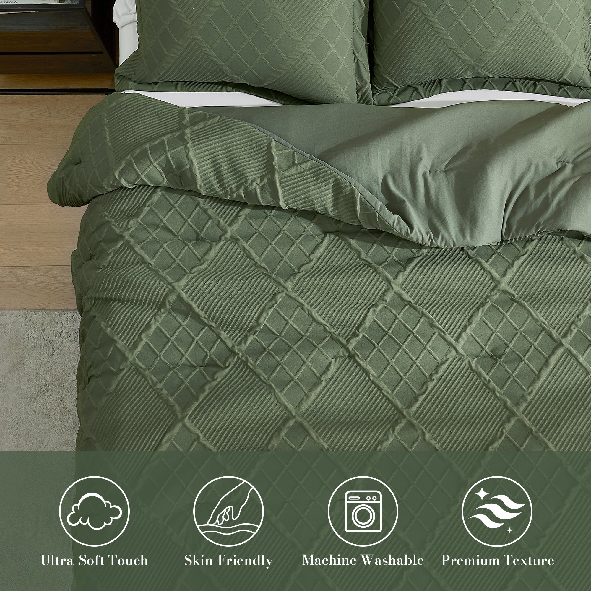 Snuggle Sac Cooling comforter in white on bed in a bedroom showing Ultra-Soft touch, skin-friendly, Machine washable and premium texture#color_Oliver Green
