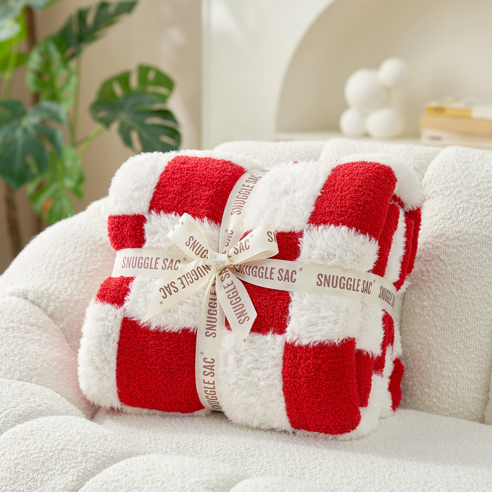 Checkered Faux Fur Microfiber Blanket - #Color_Red White