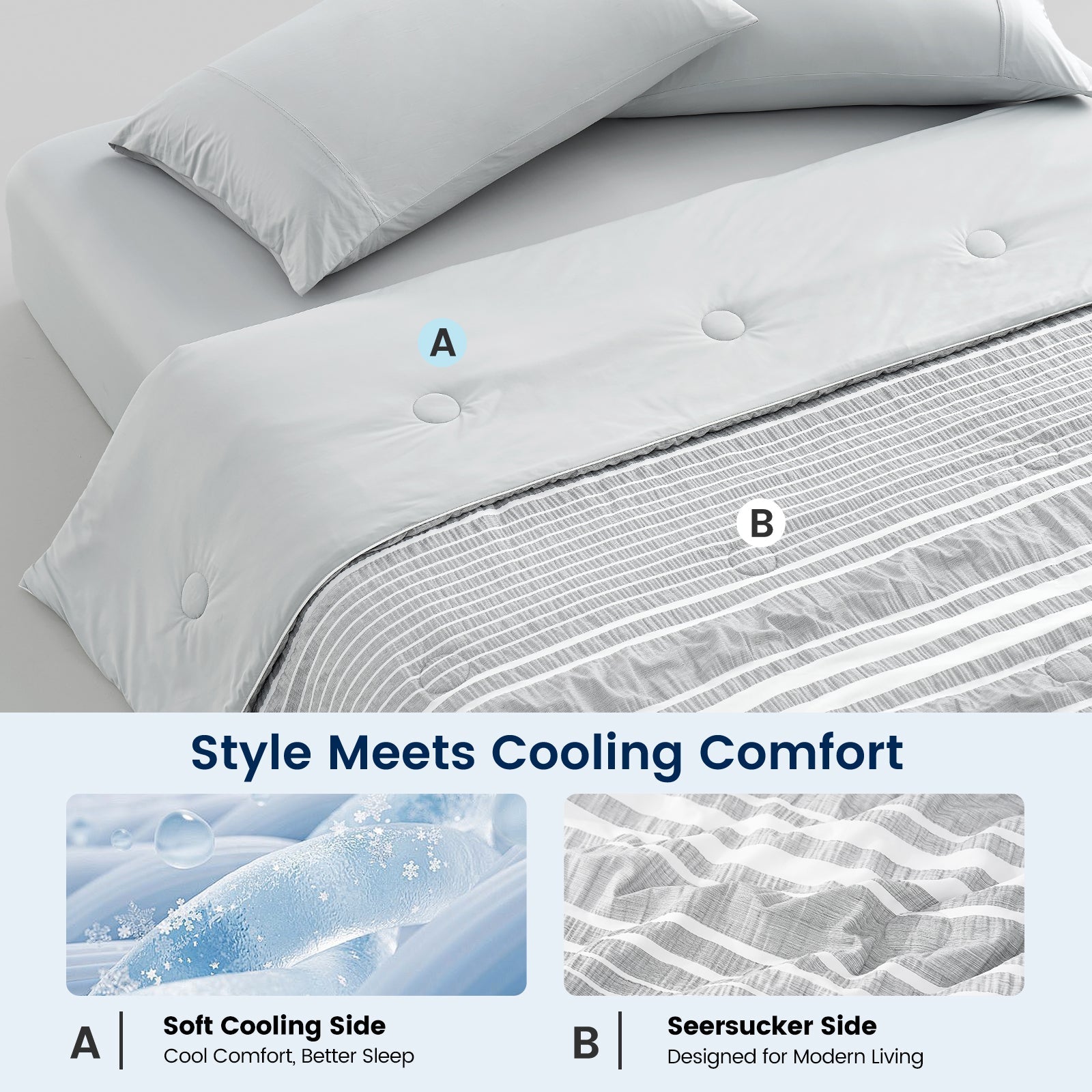Snuggle Sac cationic dyed striped seersucker cooling comforter in Light Grey with dual-sided cooling design #color_Light Grey