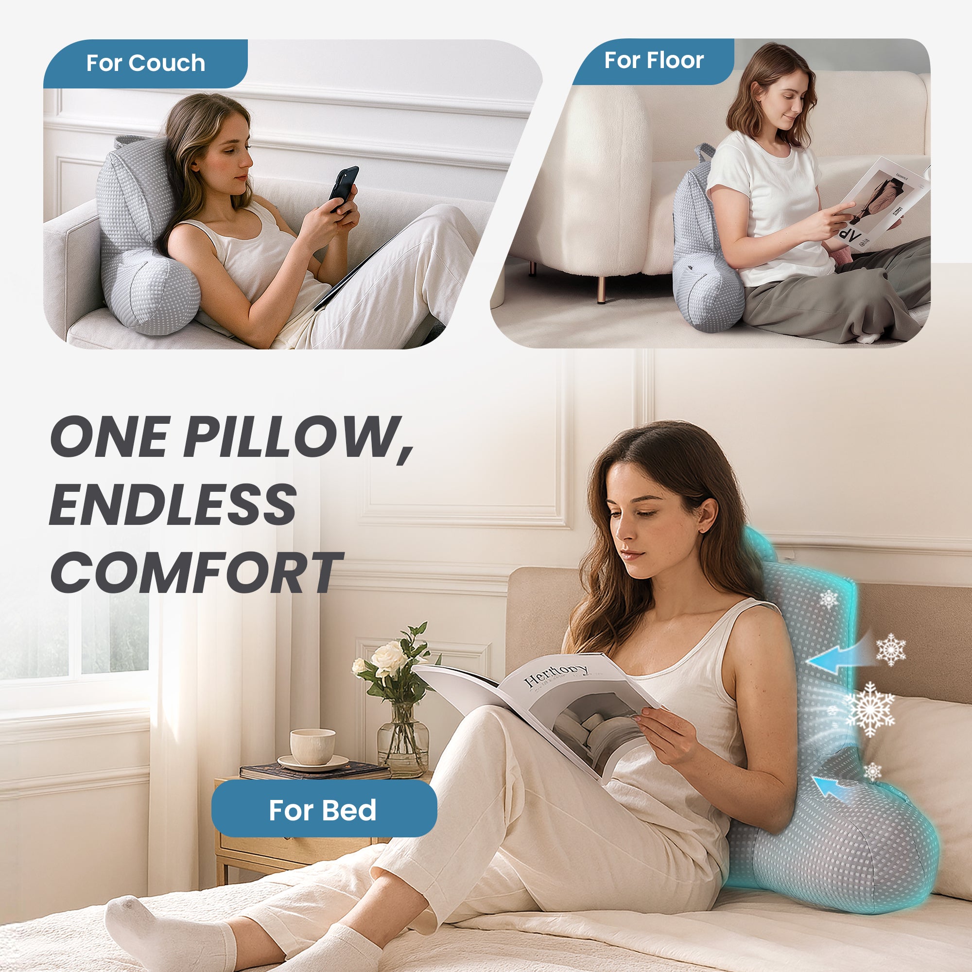 Woman using a multi-functional Snuggle Sac pillow in various positions on couch, floor, and bed.