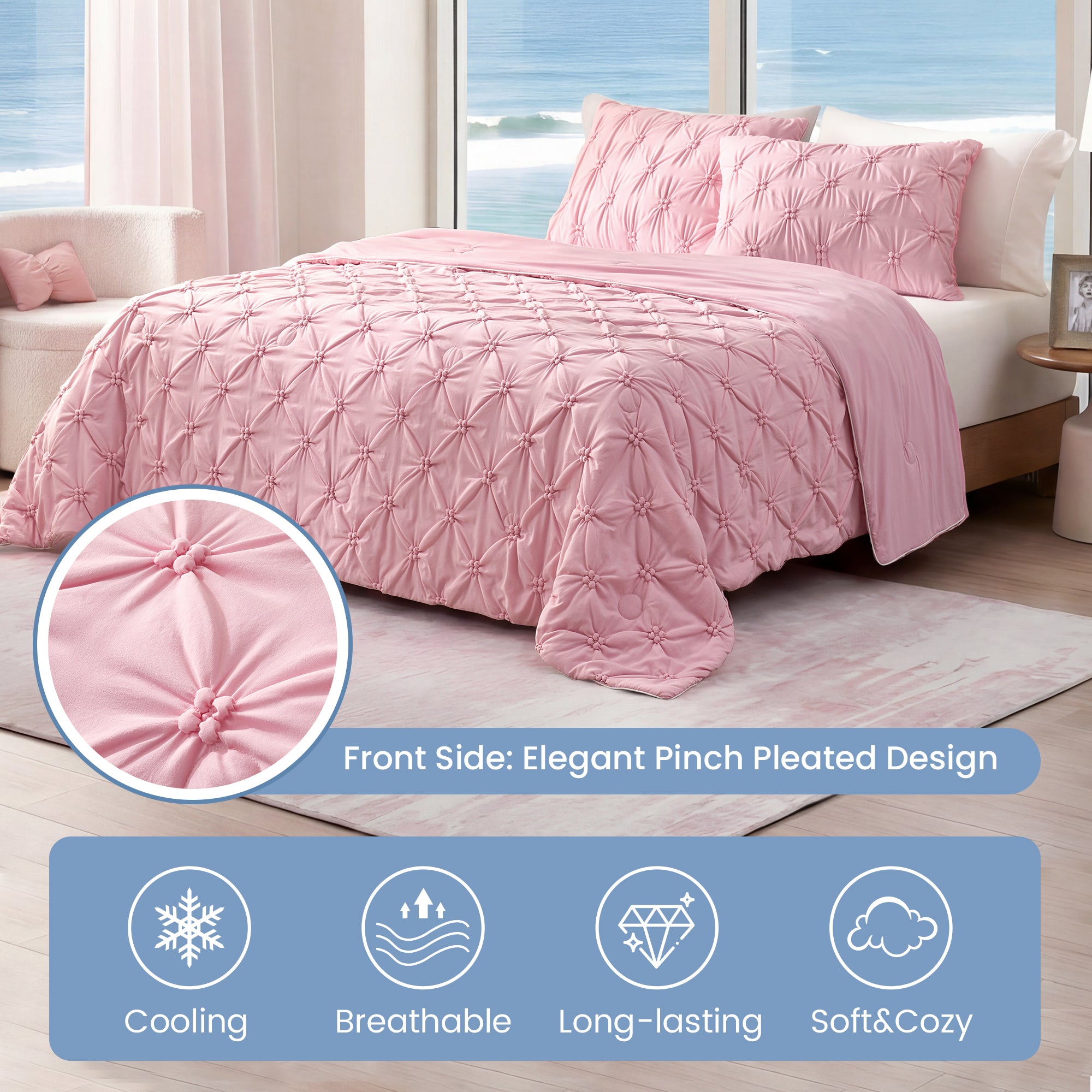 Snuggle Sac Cooling comforter in pink on bed in a bedroom with plants and window with views#color_Pink