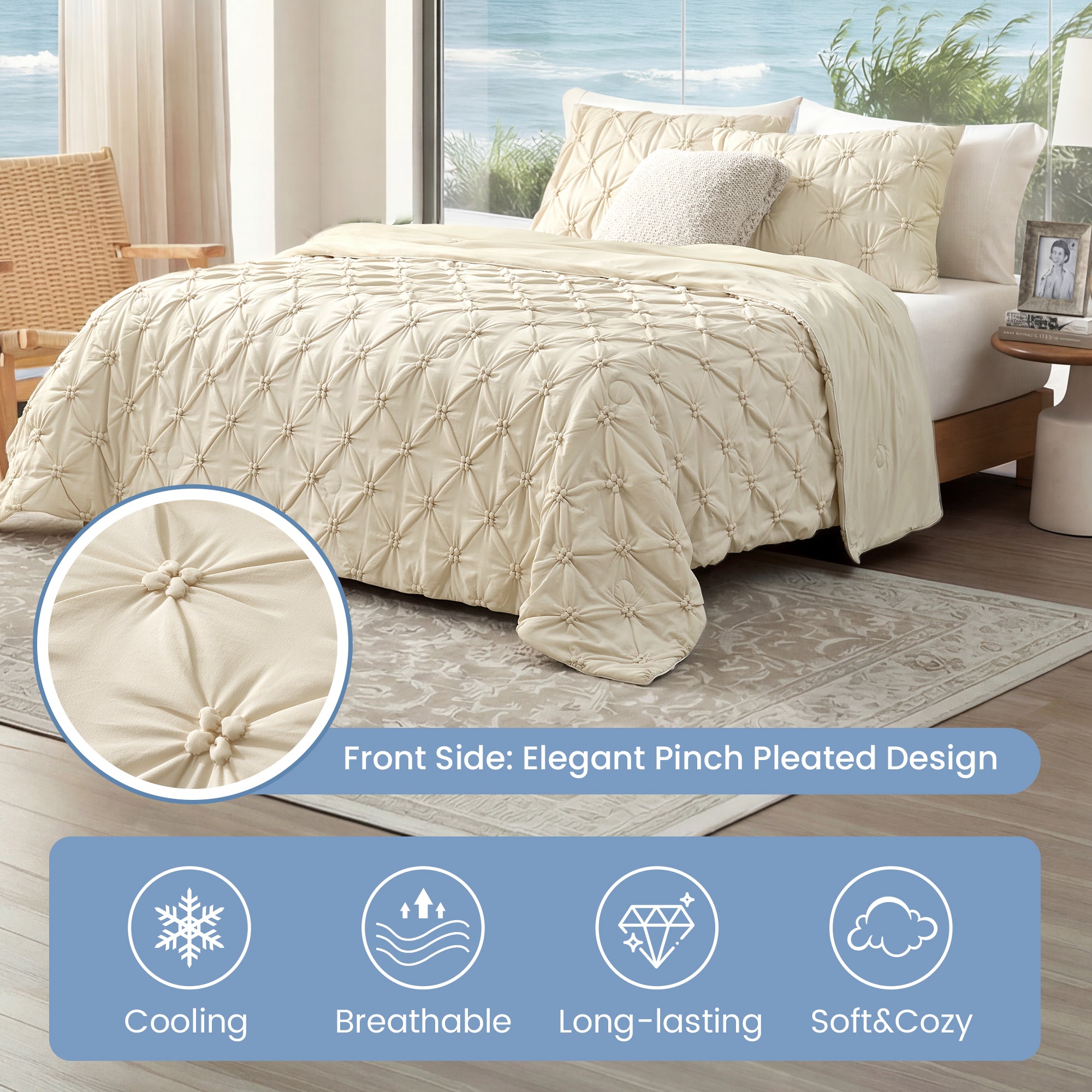 Snuggle Sac Cooling comforter in beige on bed in a bedroom with plants and window with views#color_Beige