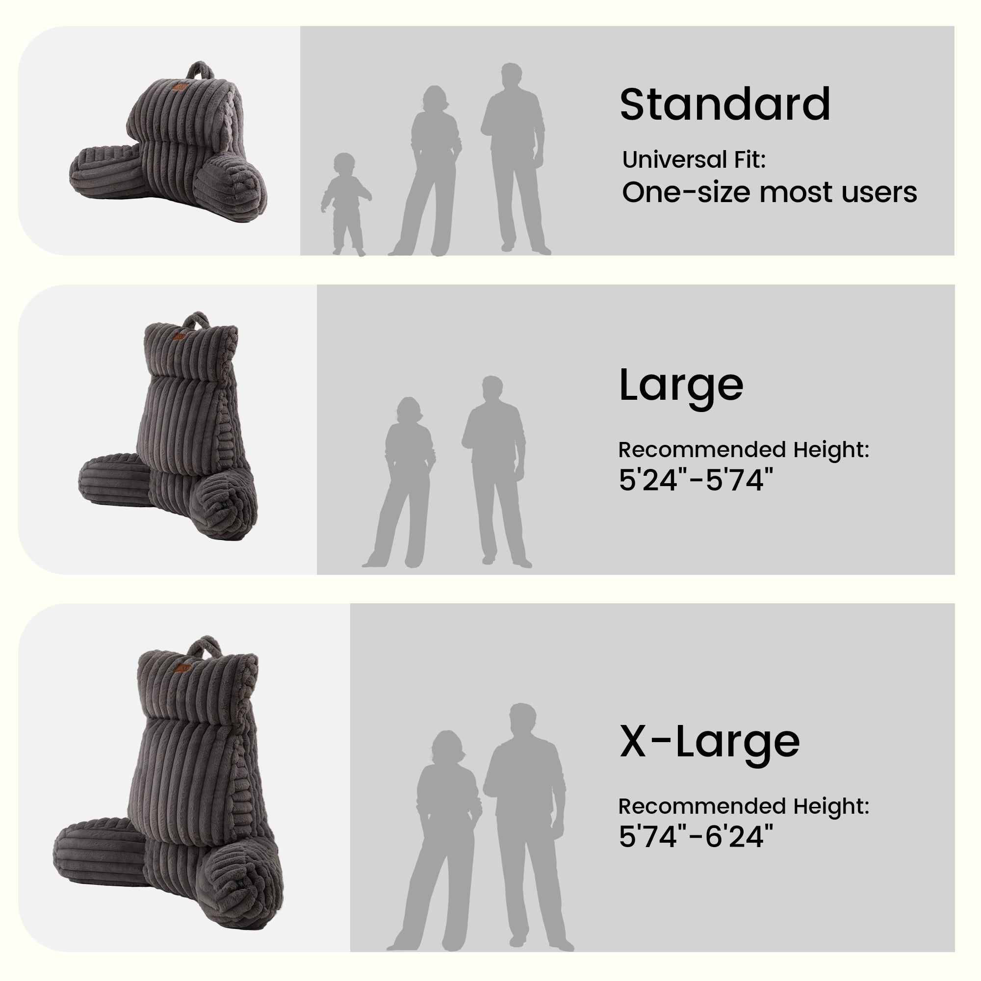 A size chart with people standing showing the 'standard', 'large', 'X-large' sizes differences#color_Grey