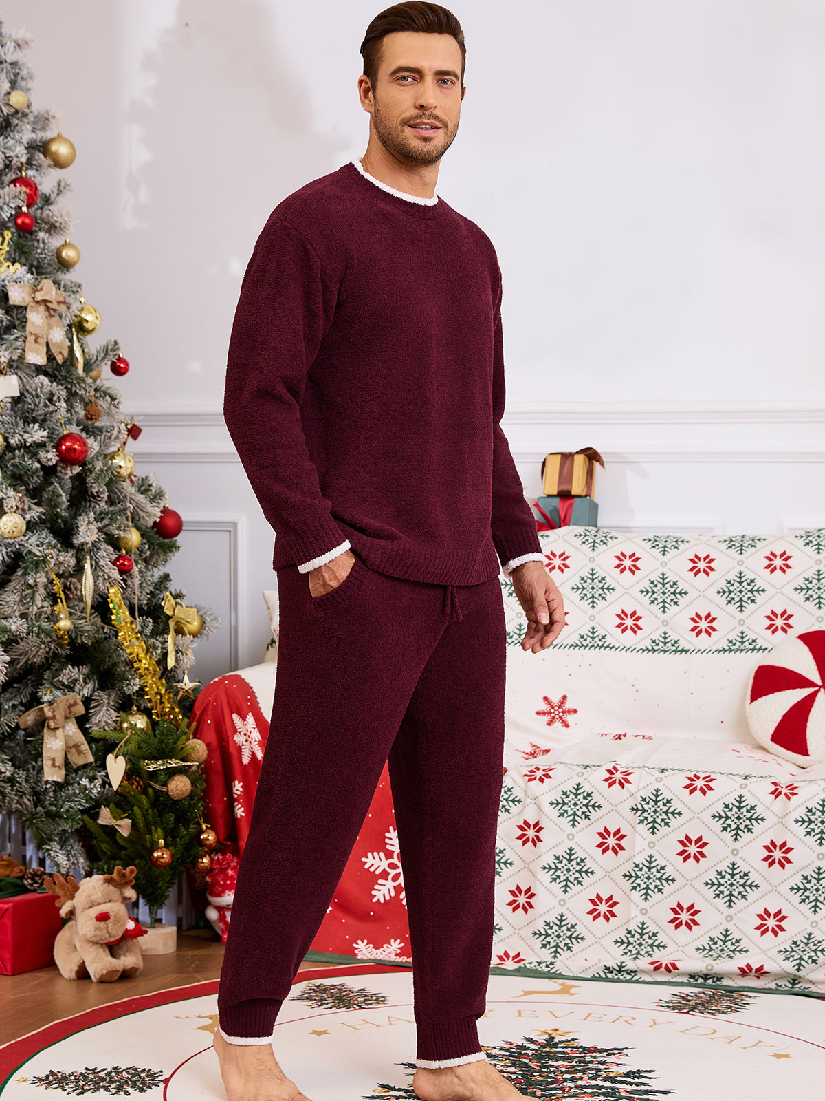 SnuggleChic Men Long Sleeve Crewneck Knit Loungewear Set - Xmas Red