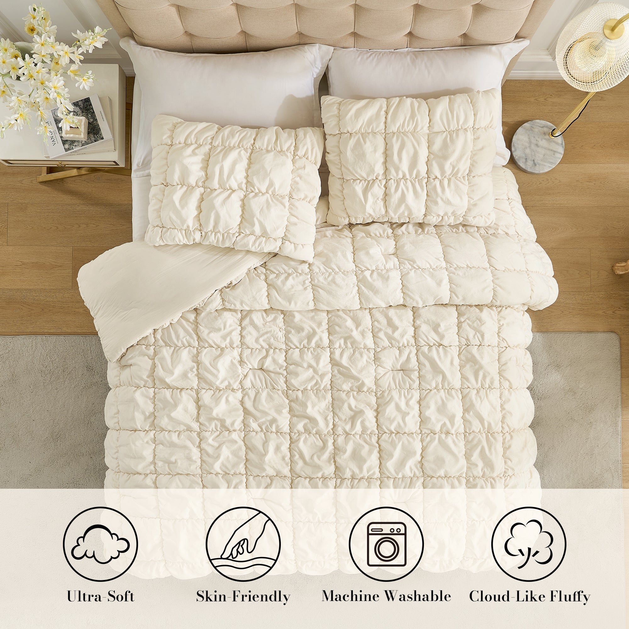 Snuggle Sac All-Season Bubble Comforter Set on bed in a bedroom showing Ultra-Soft touch, skin-friendly, Machine washable and premium texture#color_Beige