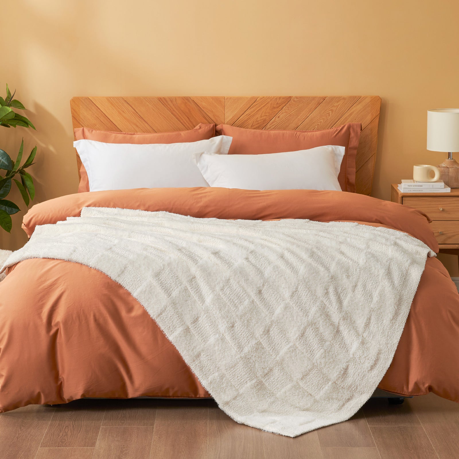 Checkered Faux Fur Microfiber Blanket - #Color_Solid Ivory