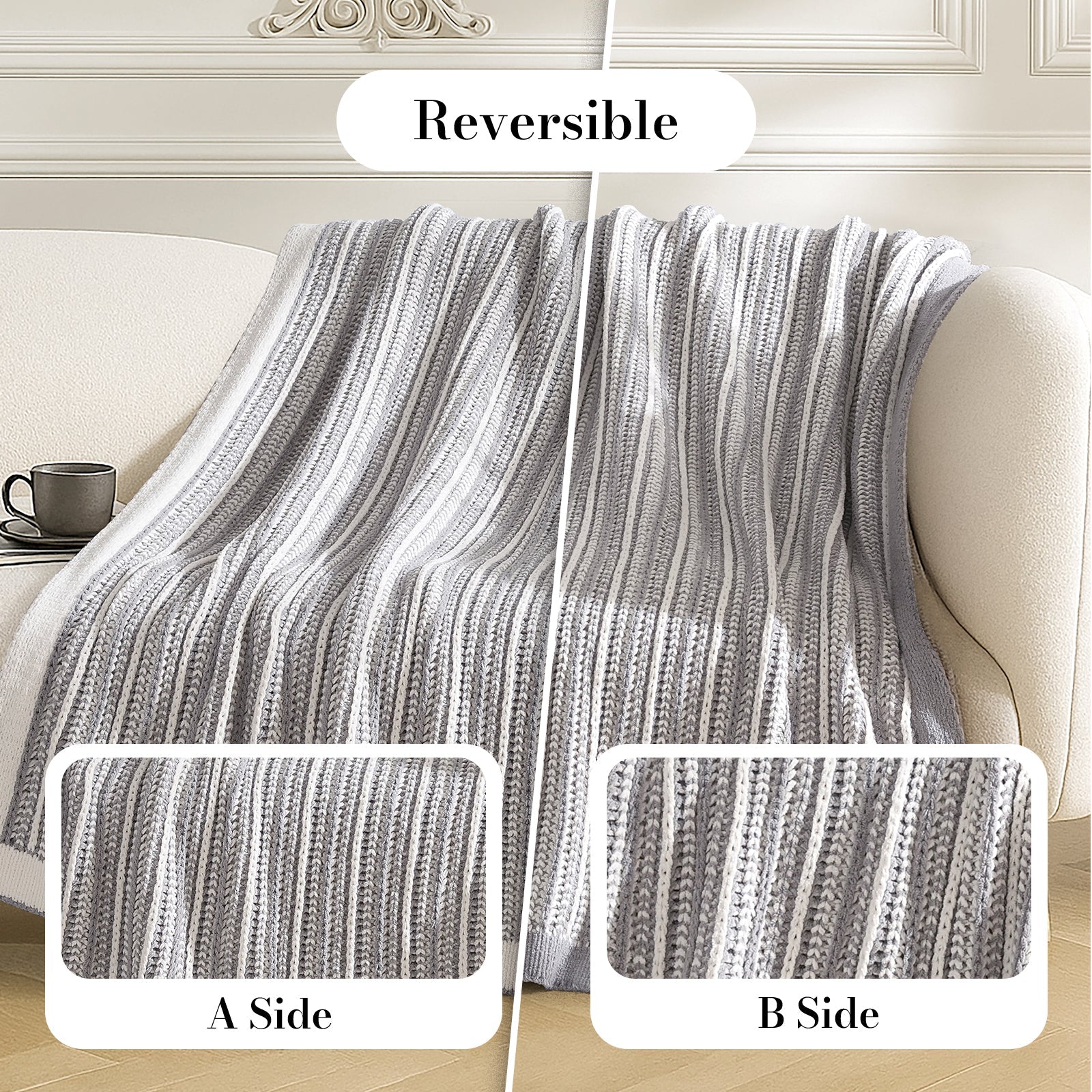 Gray and white striped blanket on a sofa with reversible design shown. #color_Gray&White