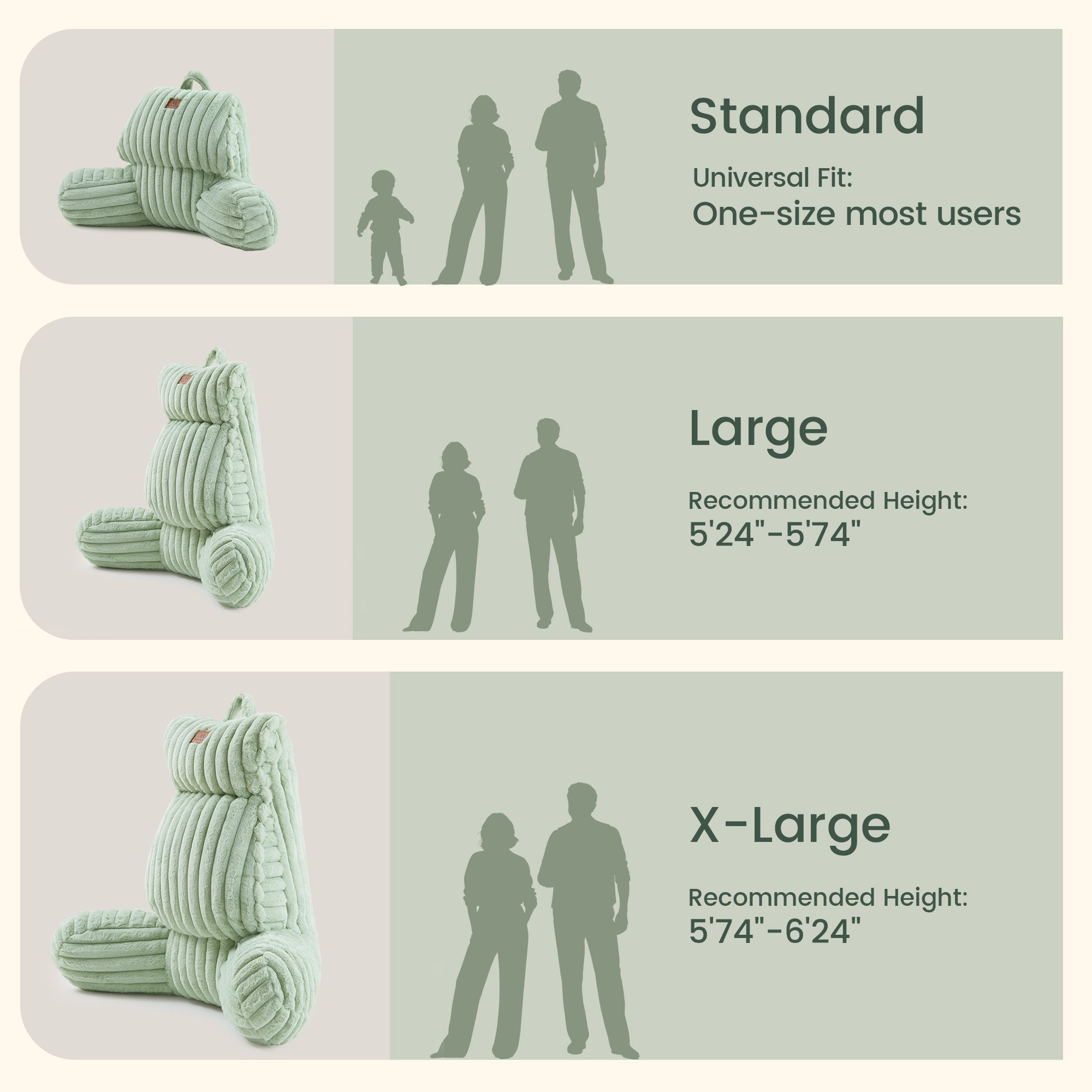 A size chart with people standing showing the 'standard', 'large', 'X-large' sizes differences#color_Sage Green