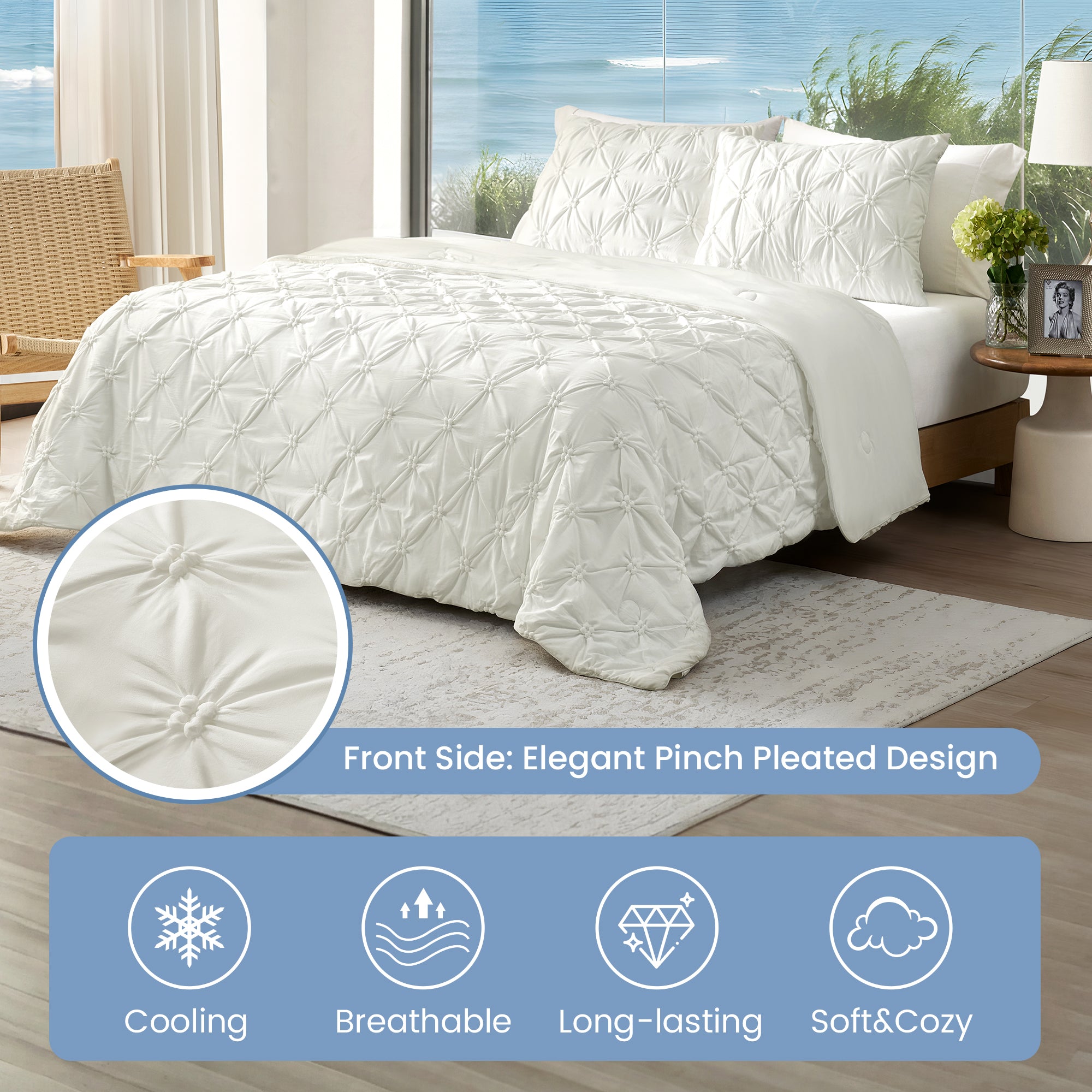 Snuggle Sac Cooling comforter in white on bed in a bedroom with plants and window with views#color_White