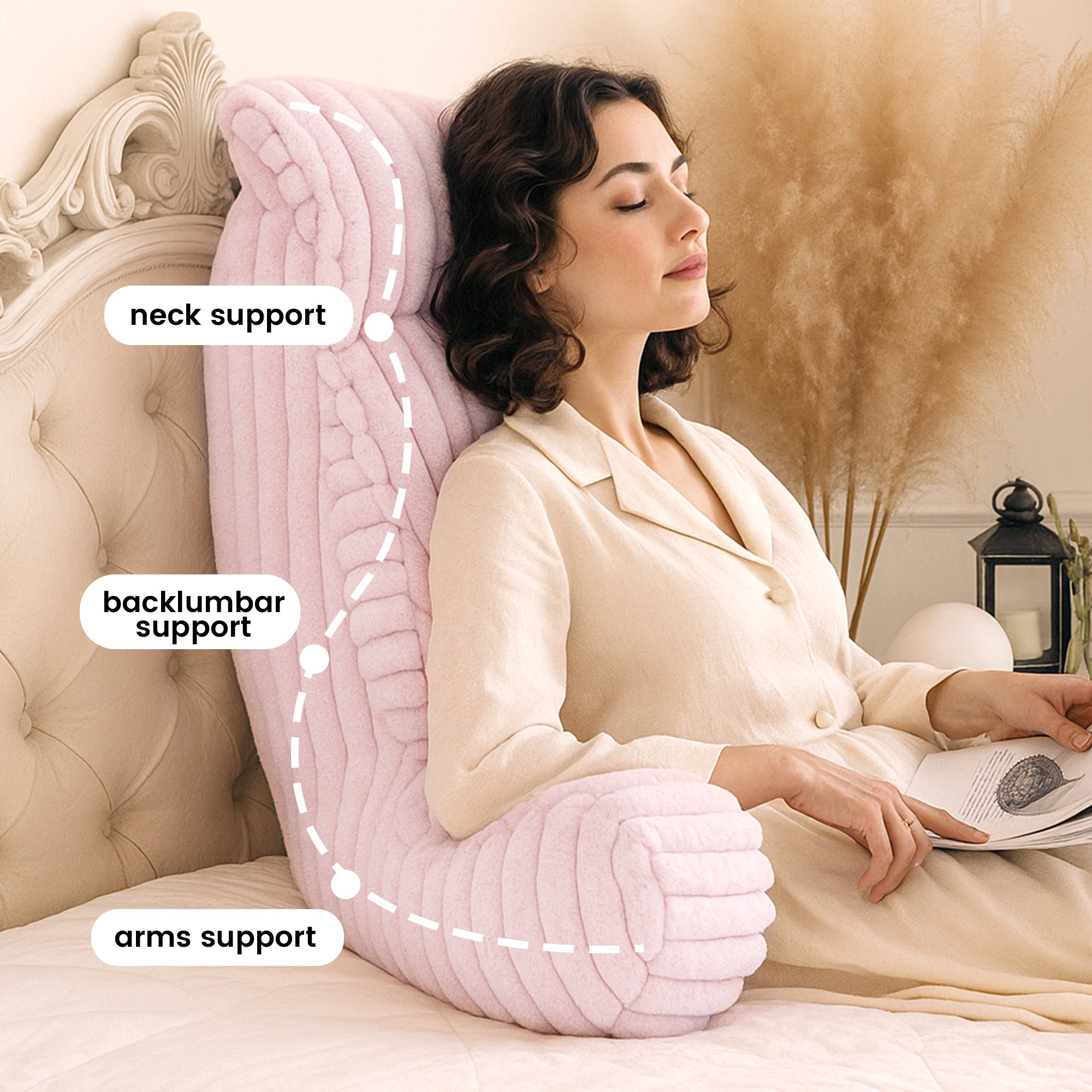 A woman laying on the bed supported by Striped Faux Fur Backrest Reading Pillow reading a book#color_Pink
