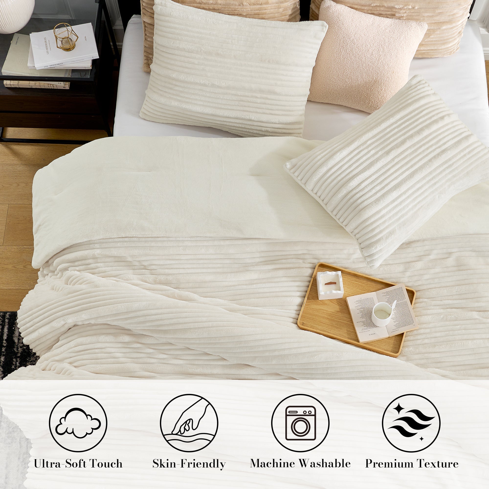 Snuggle Sac Winter Striped Flannel Fleece Comforter Set on bed in a bedroom showing Ultra-Soft touch, skin-friendly, Machine washable and premium texture#color_Ivory