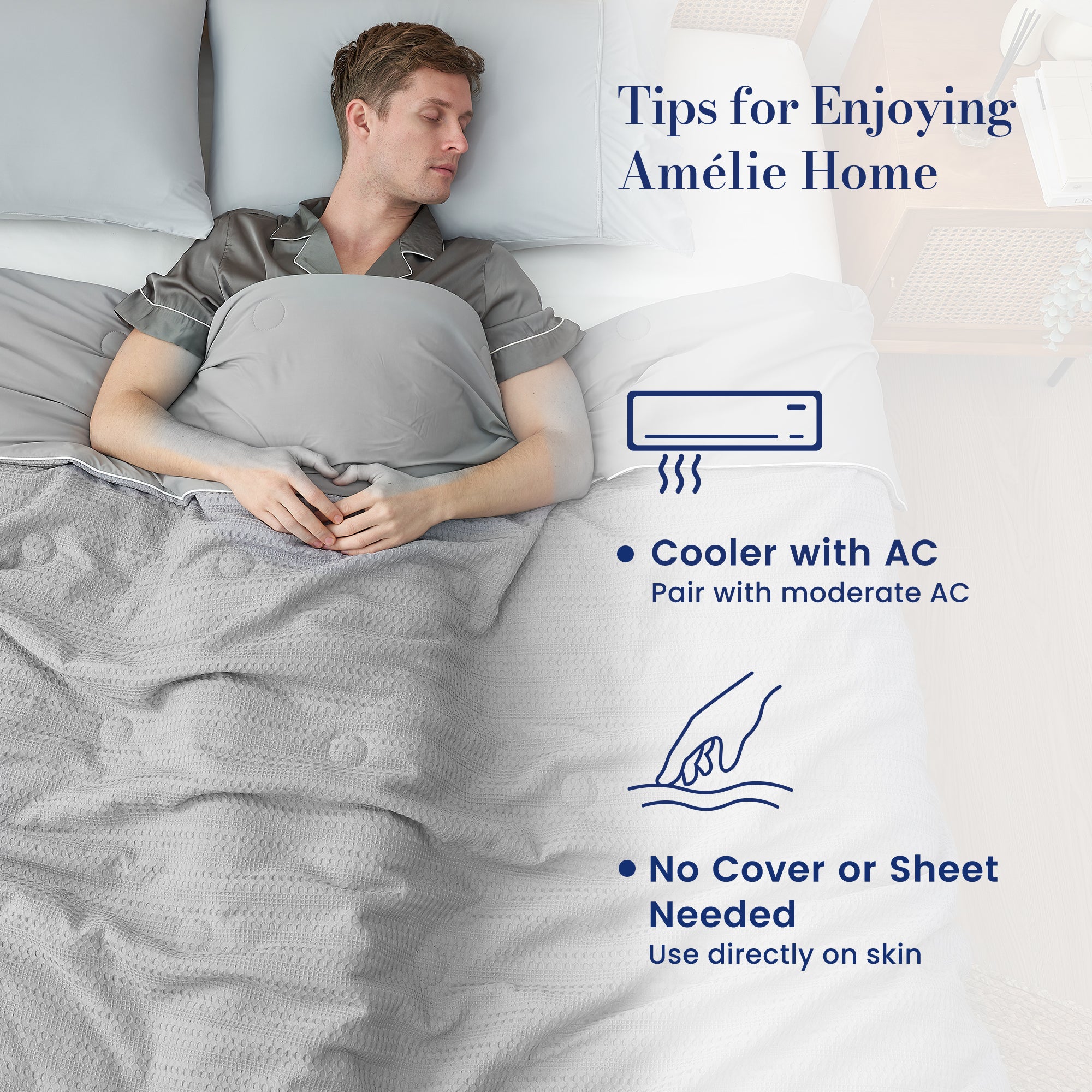 Man enjoying deeper sleep under Snuggle Sac cooling blanket with the benefits of the blanket (cooler than AC) showing#color_Grey