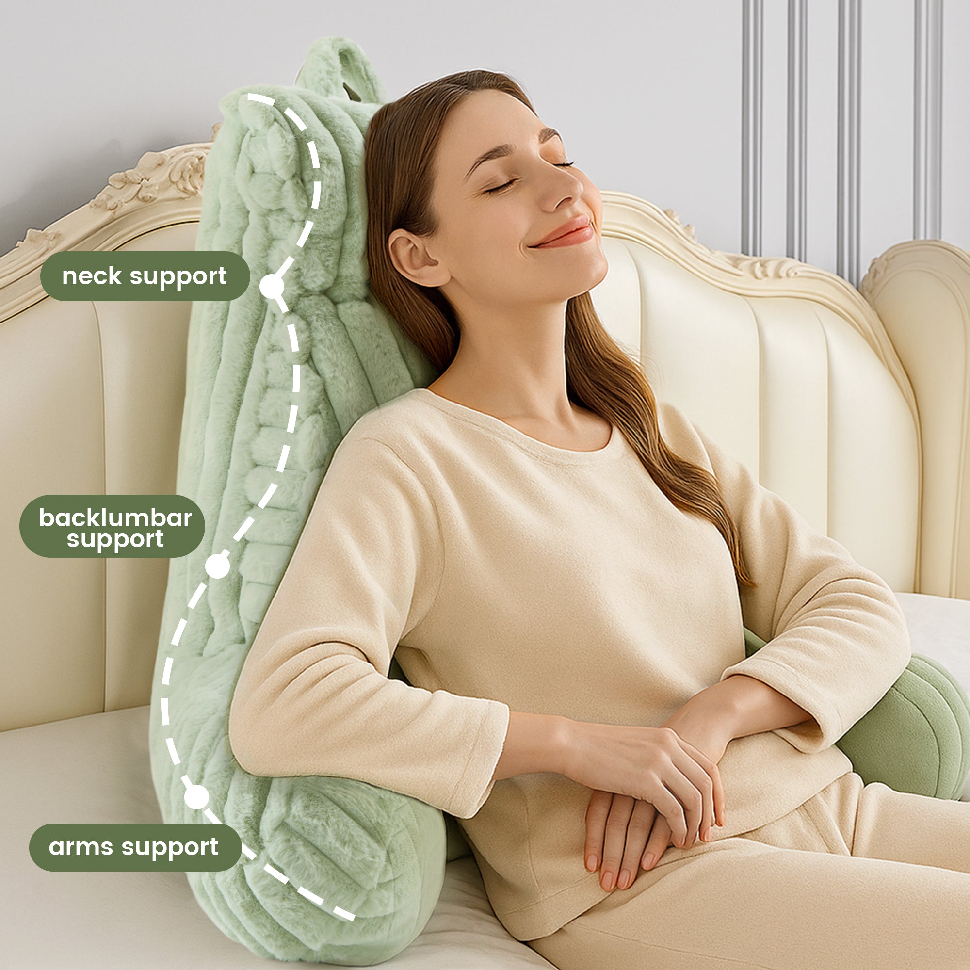 A woman laying on the bed supported by Striped Faux Fur Backrest Reading Pillow #color_Sage Green
