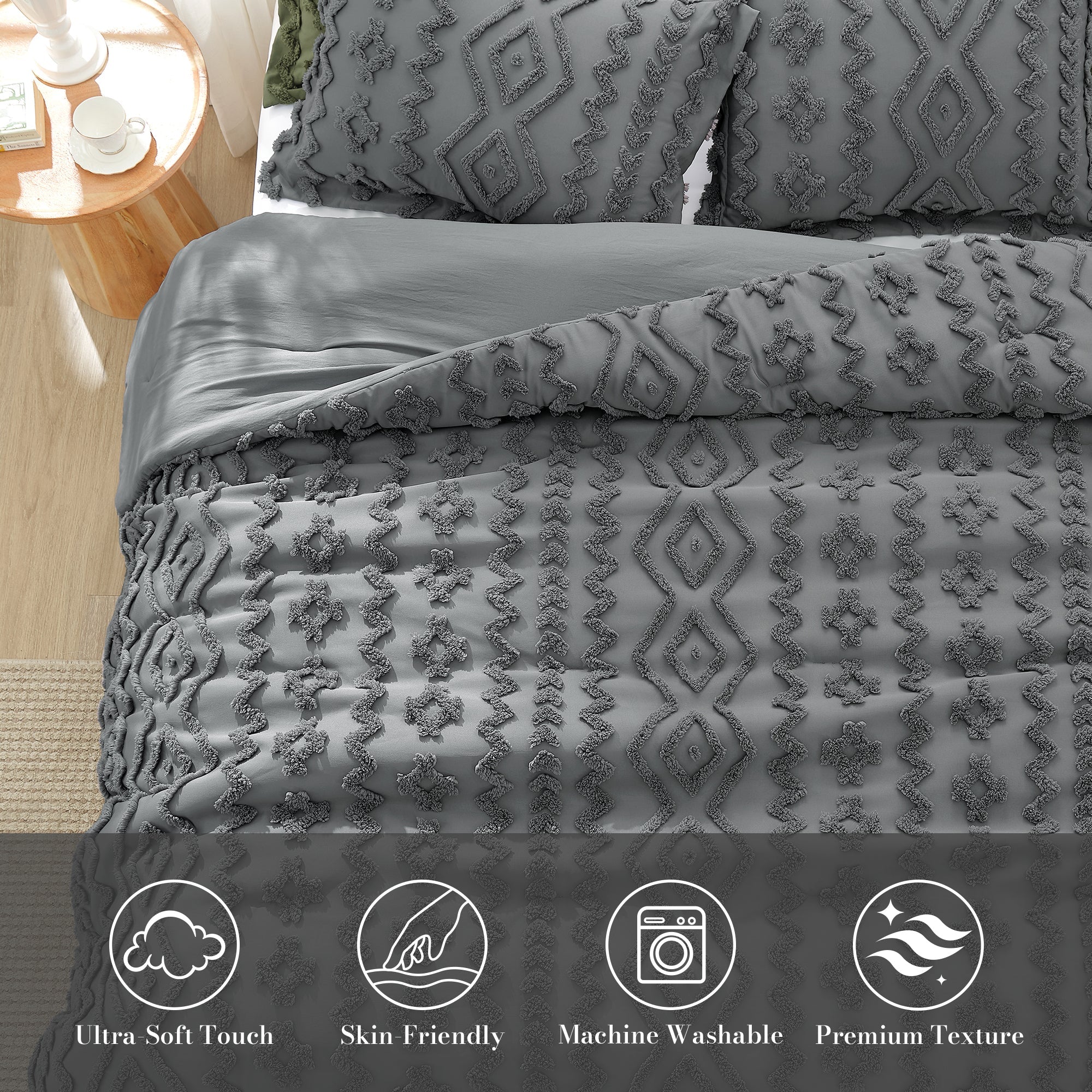 Snuggle Sac All-Season Boho Deluxe Embroidery Comforter Set on bed in a bedroom showing Ultra-Soft touch, skin-friendly, Machine washable and premium texture#color_Dark Grey