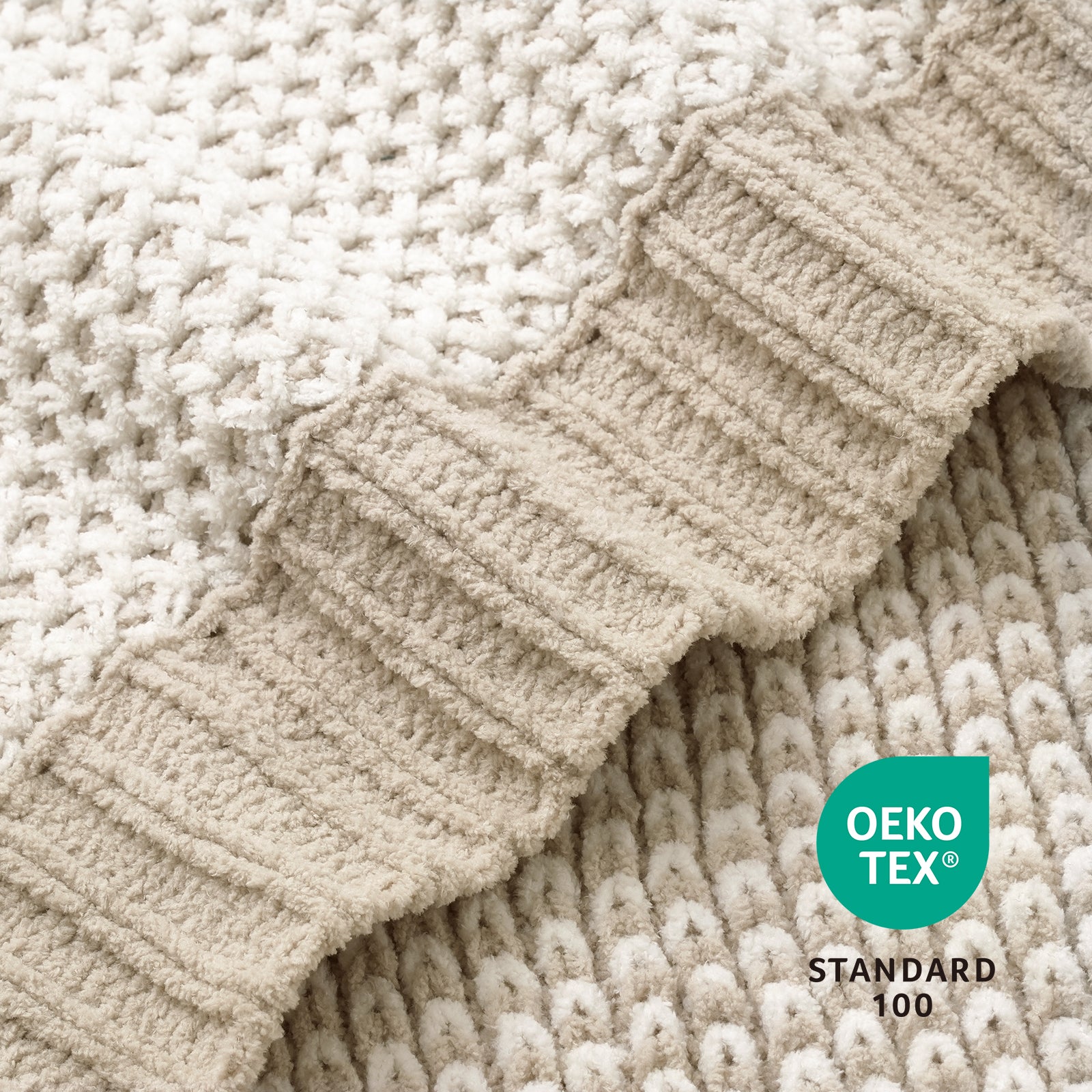Close up of honeycomb chenille knit texture highlighting two tone pattern and soft touch #color_Khaki