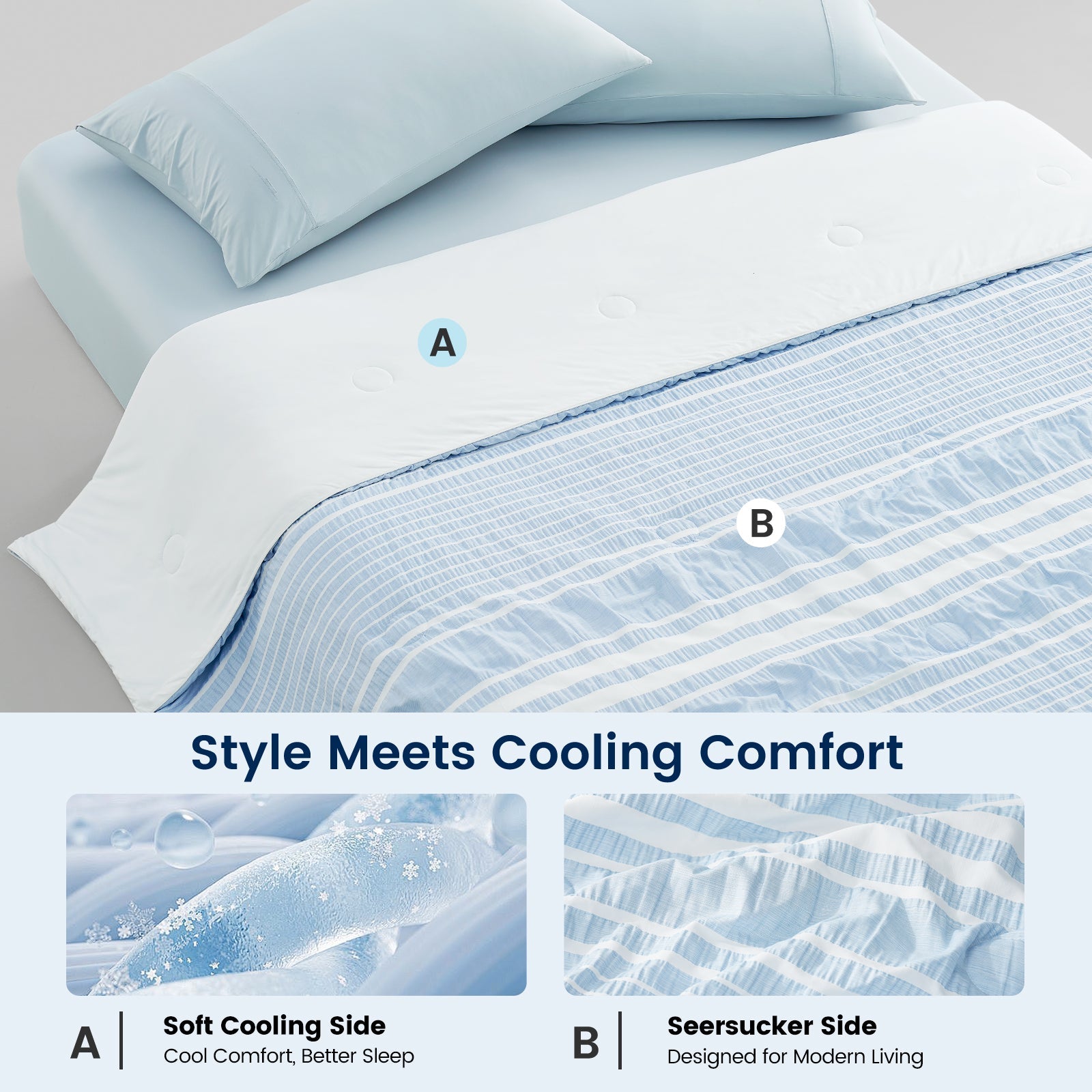 Snuggle Sac cationic dyed striped seersucker cooling comforter in Sky Blue with dual-sided cooling design #color_Sky Blue