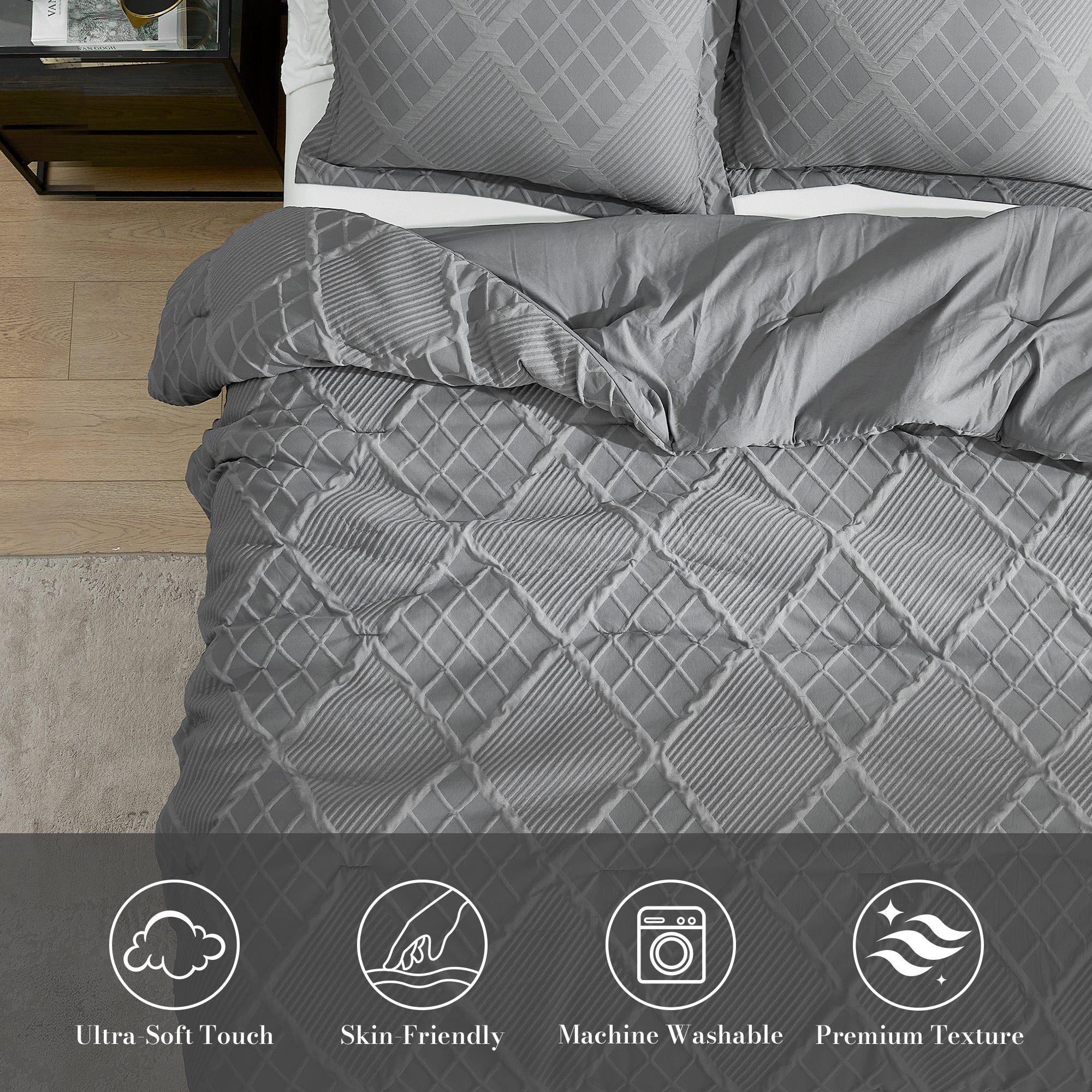 Snuggle Sac Cooling comforter in dark grey on bed in a bedroom showing Ultra-Soft touch, skin-friendly, Machine washable and premium texture#color_Dark Grey