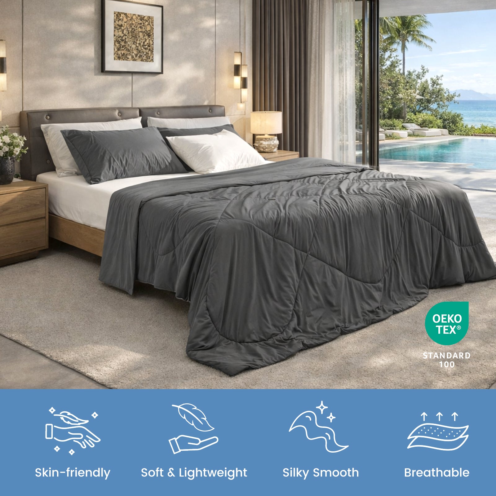 Charcoal grey Cloud-like extra cooling comforter on bed in luxury bedroom with ocean view, soft breathable lightweight bedding, OEKO-TEX certified.#Color_Charcoal Grey