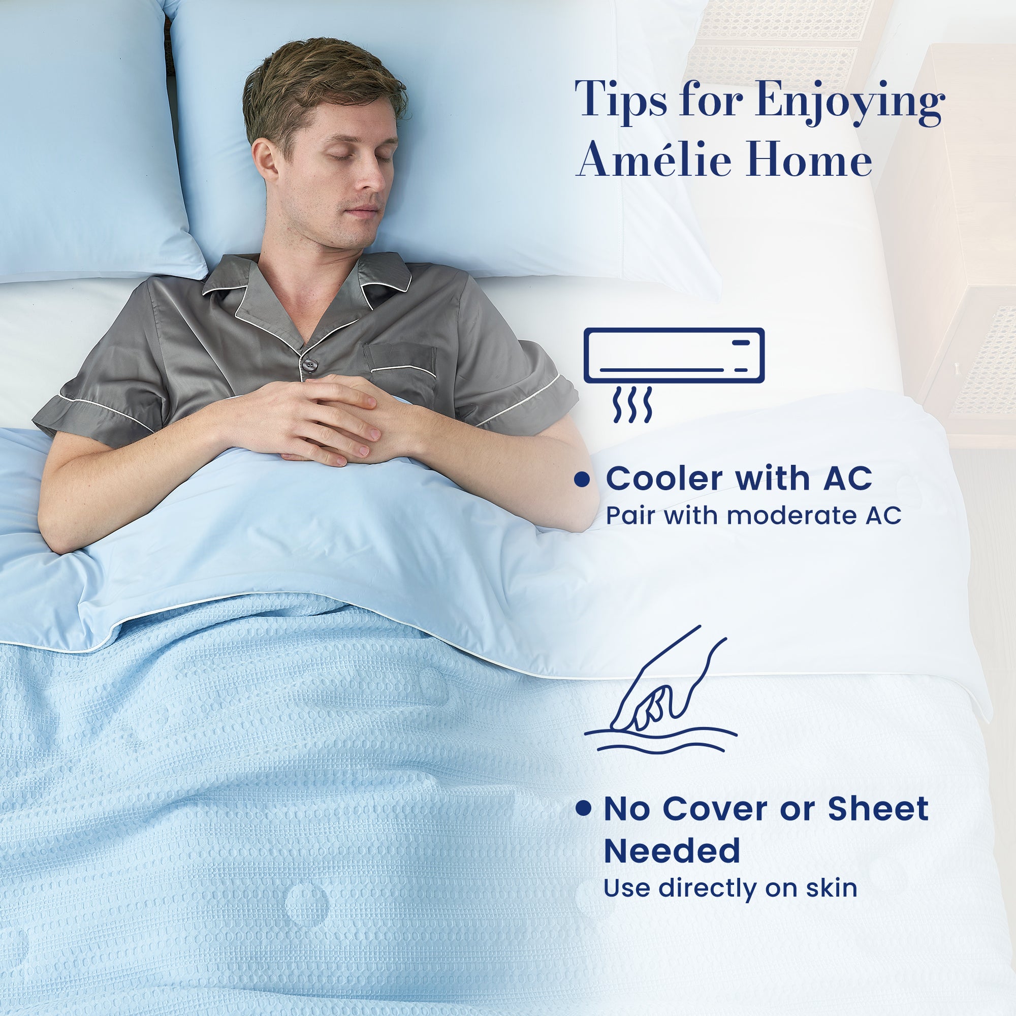 Man enjoying deeper sleep under Snuggle Sac cooling blanket with the benefits of the blanket (cooler than AC) showing.#color_Blue