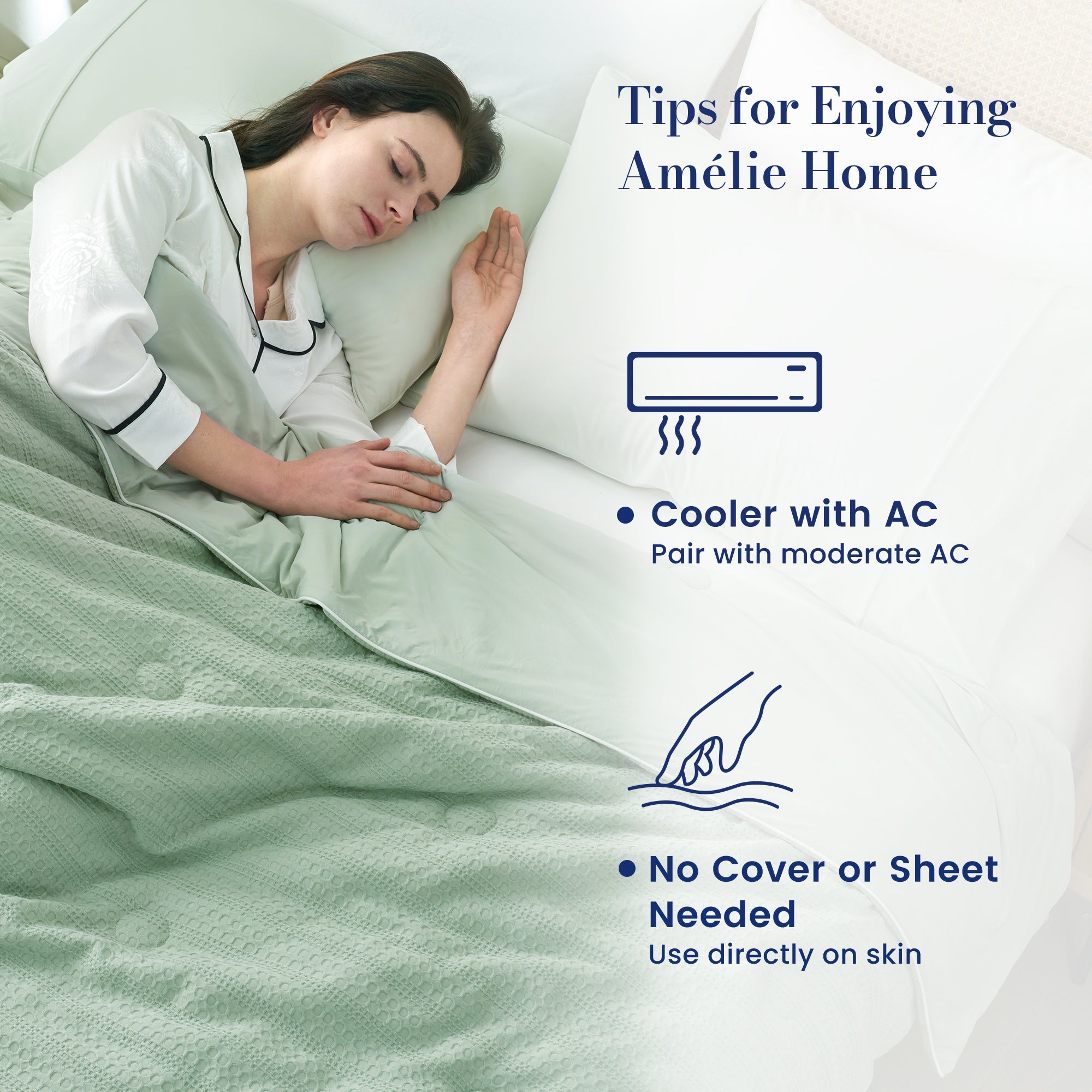 A woman sleeping under the Snuggle Sac Cooling blanket with Benefits of the blanket written#color_Sage Green