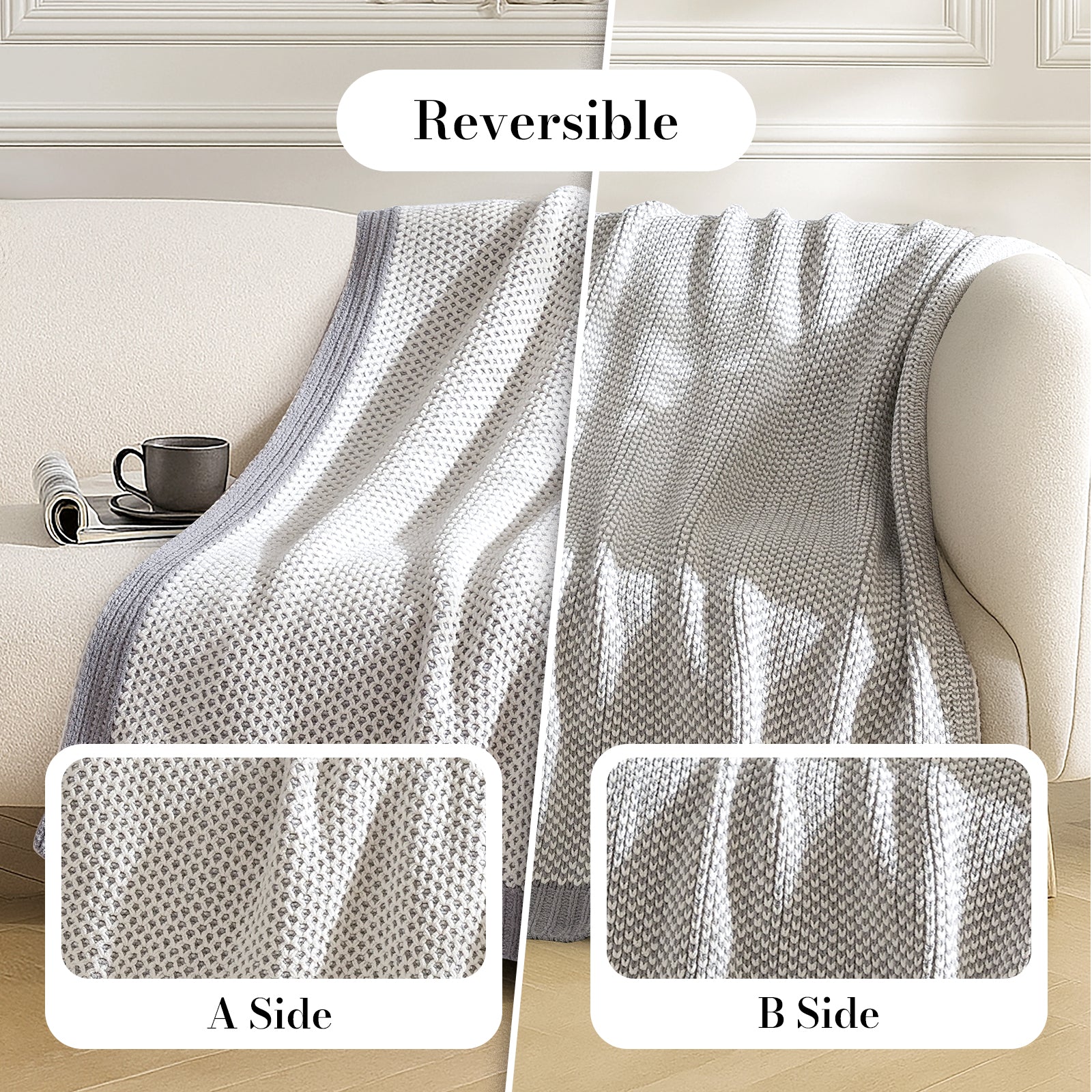 Reversible two tone chenille knit throw blanket in Grey showing A side and B side texture #color_Grey