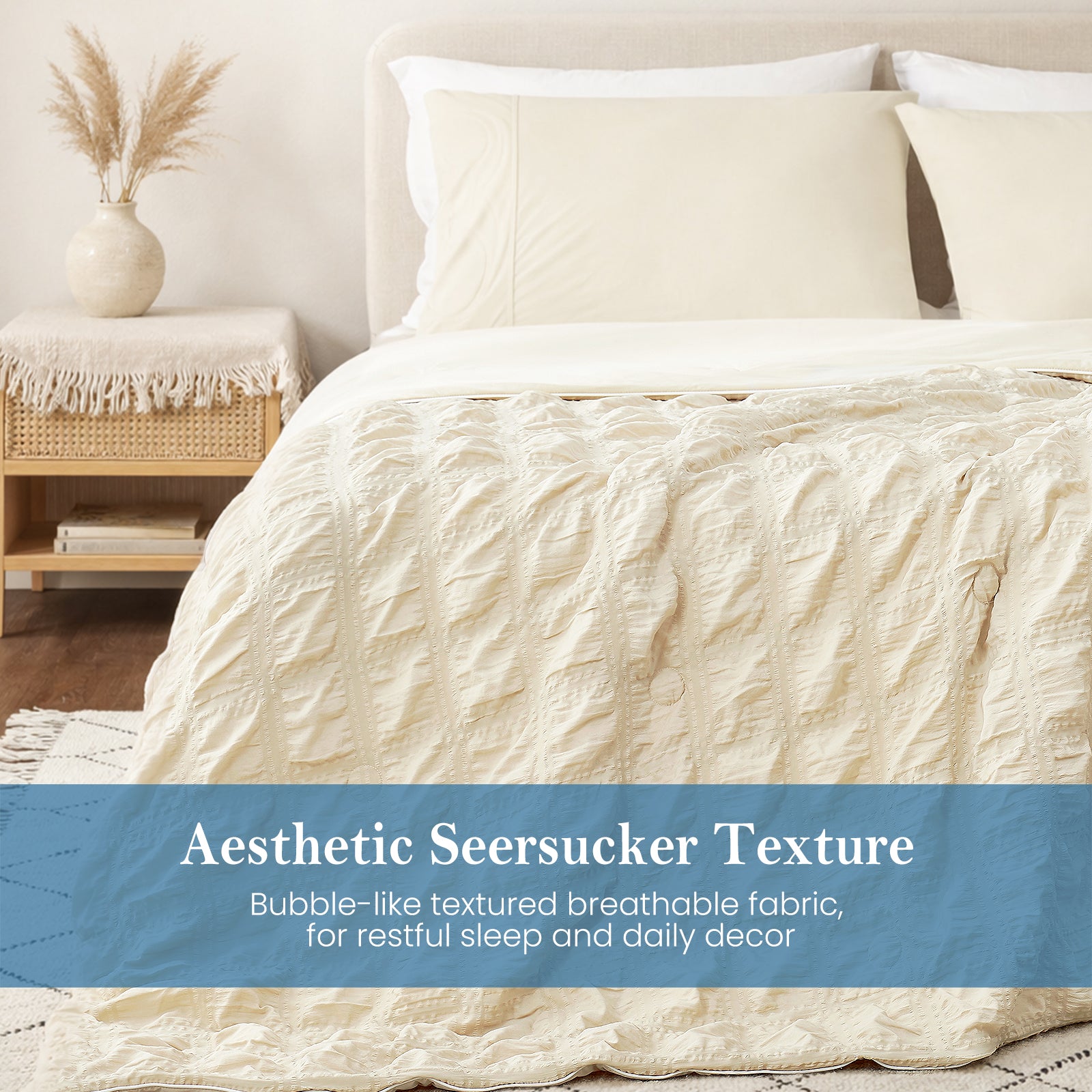 Snuggle Sac Cooling comforter set on the bed, featuring aesthetic seersucker texture#color_Khaki